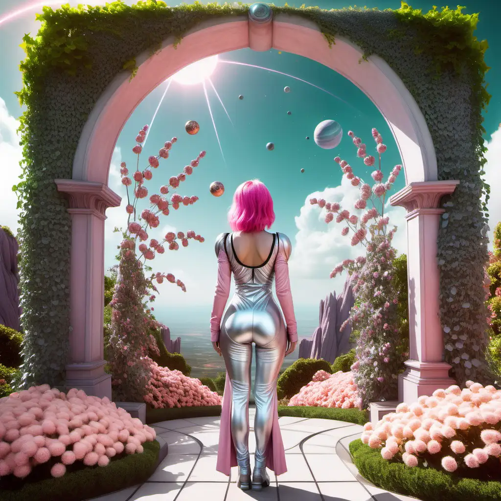 A starseed trendy woman from the future, she has pink hair, standing with her back to the camera, looking at the sky, planets, she is wearing modern silver clothes, she stands alone in a fantasy garden, planets above her head, sun is very bright on her. an archway with green pink flowers, ivy growing on the arch, sky is midday peach pink tones