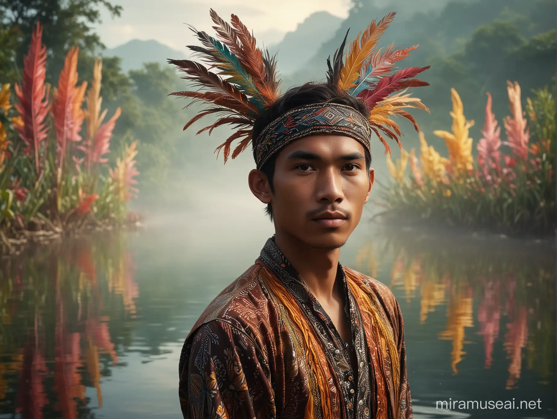 An Indonesian young man is face to camera, wearing a Batak's gorga batik that appears to be made of some ethereal material. he wears a decorative headband with multicolor feathers. The background depicts a serene and magical landscape with a calm lake surrounded by mysterious light mist, adding to the mystical aura of the scene. The color palette consists of bright colors, creating an enchanting atmosphere. hyperrealistic, UHD extreme