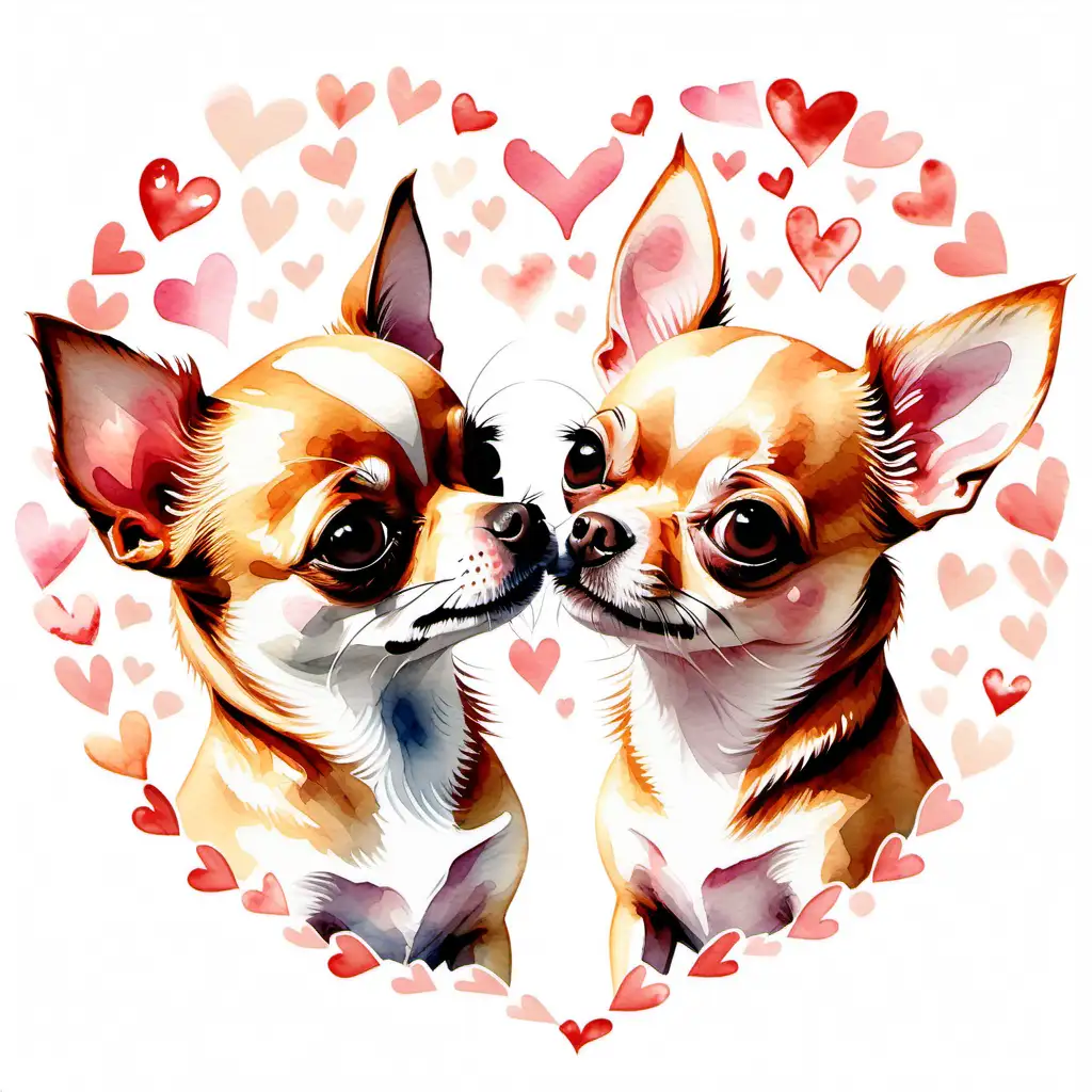 watercolor style, two chihuahuas touch noses with hearts around them on a white background.