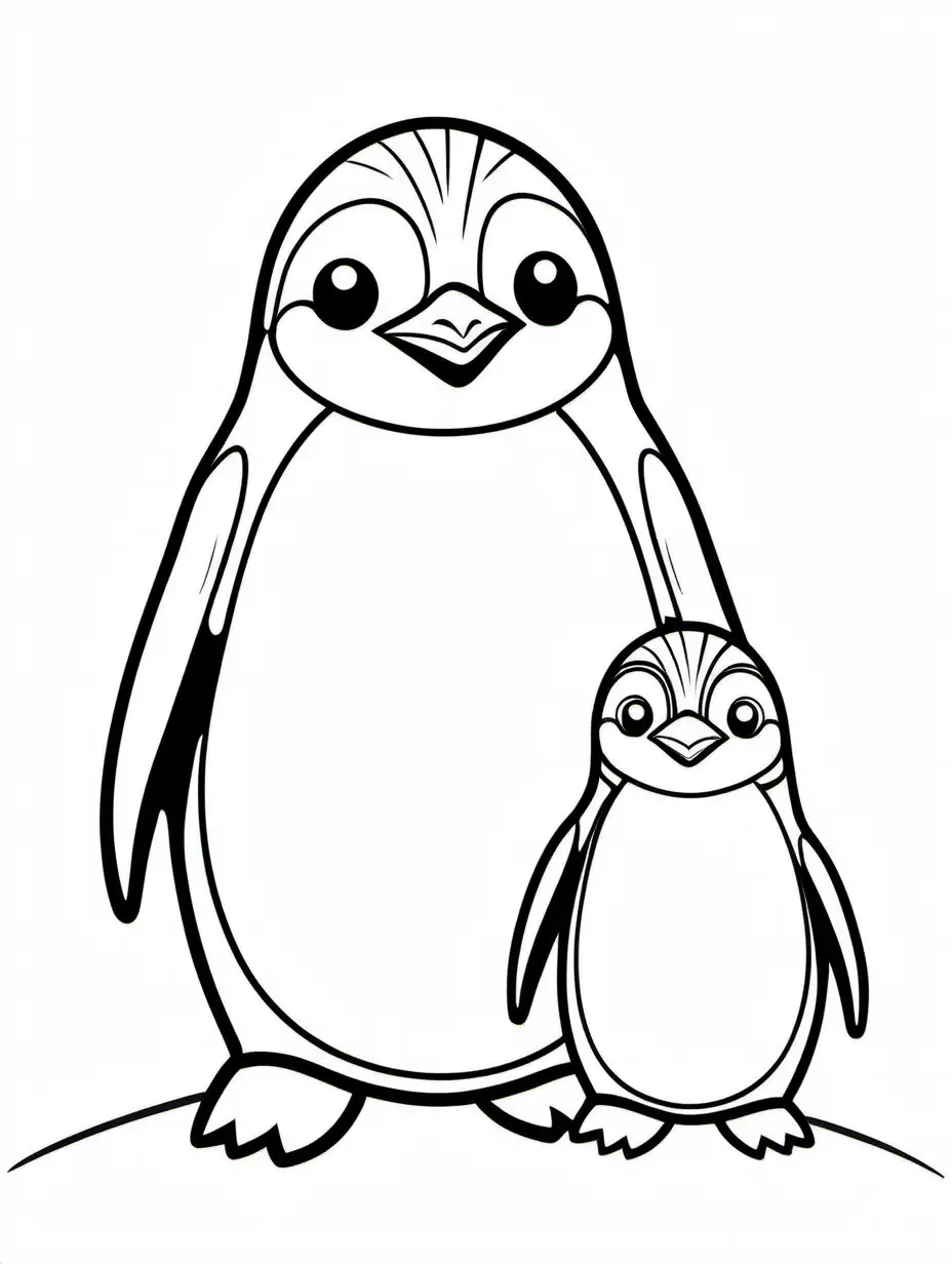 cute Penguin with his baby for kids  easy to coloring, Coloring Page, black and white, line art, white background, Simplicity, Ample White Space. The background of the coloring page is plain white to make it easy for young children to color within the lines. The outlines of all the subjects are easy to distinguish, making it simple for kids to color without too much difficulty