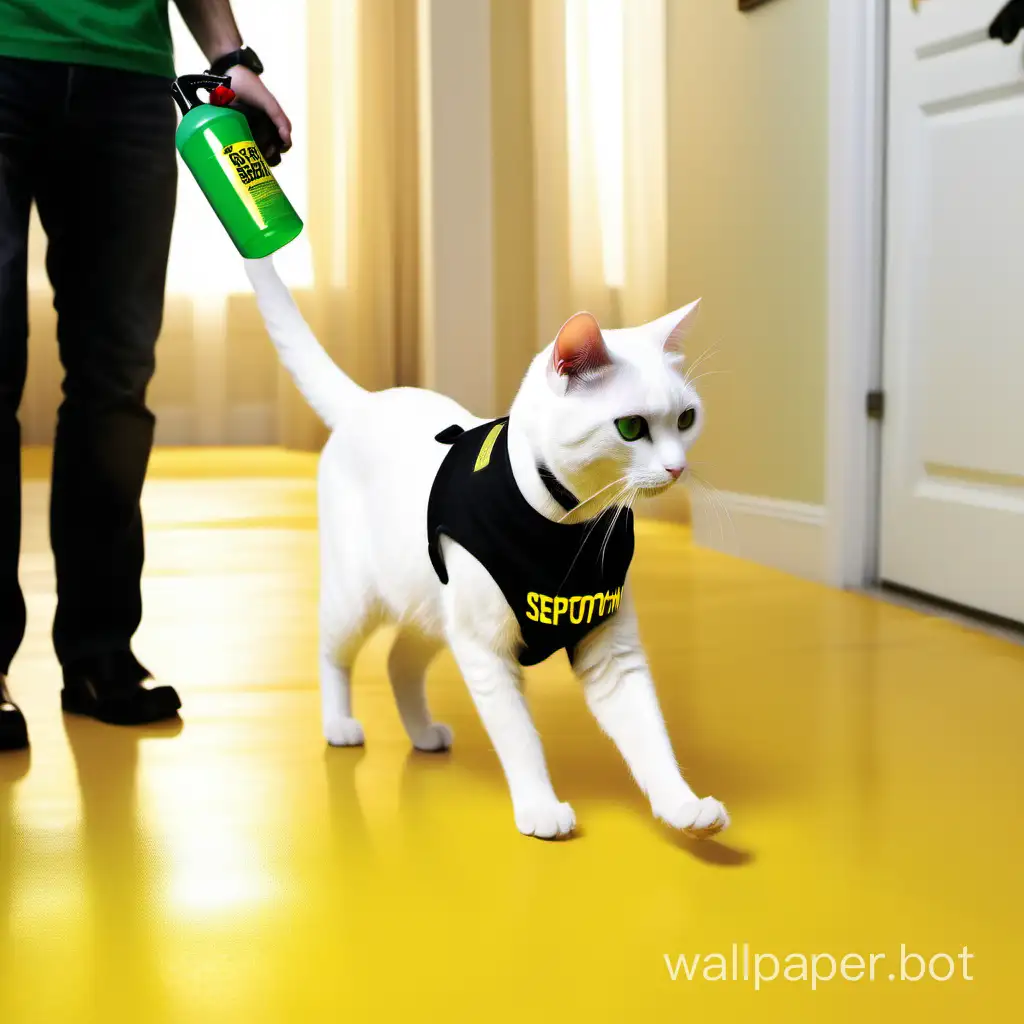 White Cat, Black Dog, wearing Septohim clothing, with the Trash Buster logo on the chest, walks through a beautiful room, leaving a shiny floor behind, holding a green spray bottle with a yellow trigger, with the scent of ripe Mango.