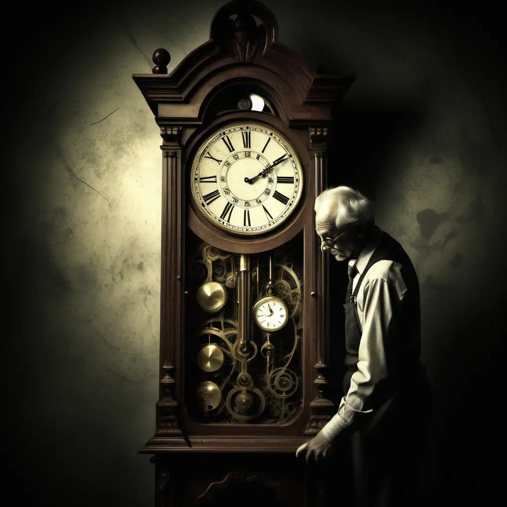 Surreal atmosphere. The recurring nightmare of an antique grandfathers clock worker.