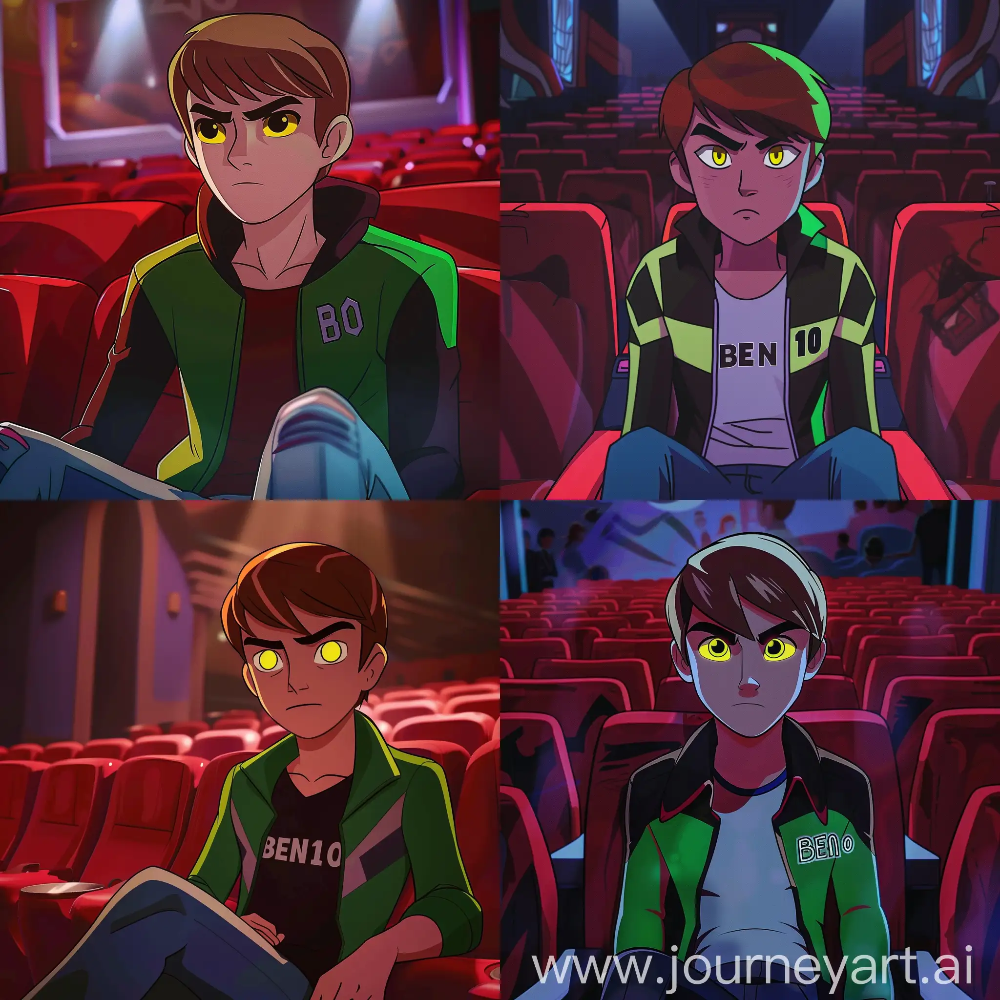ben 10 sitting in the cinema, he has yellow eyes and "ben 10" is forged on his jacket, head and shoulders portrait, Instagram style, 2d illustrated handmade animation, 90s color grading --v 6 --cref https://cdn.discordapp.com/attachments/1215979386310889605/1216982884083040266/Picsart_24-03-08_22-57-05-471.jpg?ex=66025ea2&is=65efe9a2&hm=a3c3cd11df6f7a445bf1bb038220edc722e23bafed0277ddb6c2189fdd7132ea& <https://cdn.discordapp.com/attachments/1215979386310889605/1217016024080191539/dc0ea46ef4800245c6852fecdca3ec26.jpg?ex=66027d7f&is=65f0087f&hm=4dfeeb9c50c293884950e8ce0d8b37869a4a50faa0b9dc9468d263f56d640be5&> <https://cdn.discordapp.com/attachments/1215979386310889605/1217543896930979921/963161bc0b3a17bf0f87f2eb292a300b.jpg?ex=6604691d&is=65f1f41d&hm=c0744f206b1f27a600a9bc4c9ddf857e2c4e107fef91a80324ffa8af7fa18e06&> --cw 56