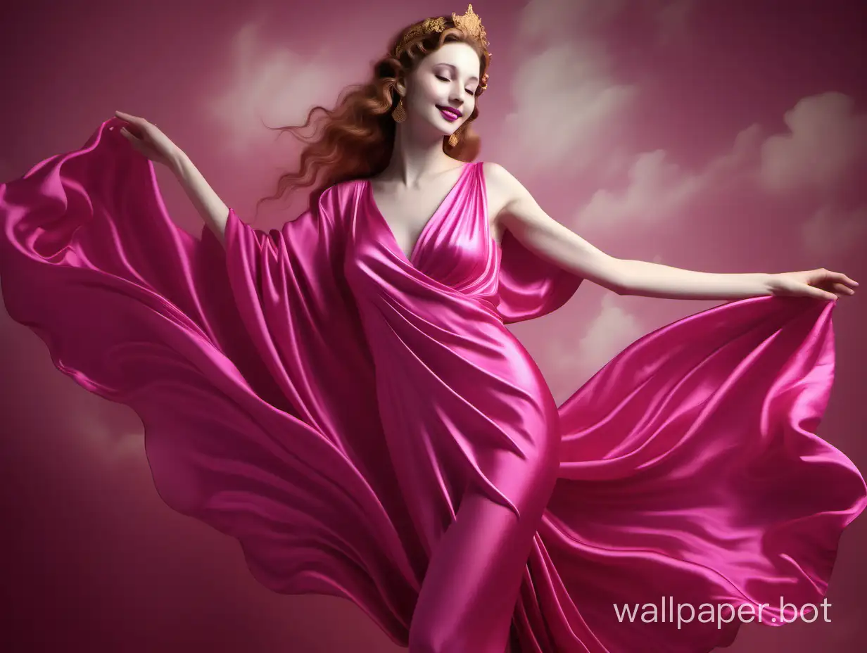 goddess of beauty and love Venus smiles in pink fuchsia silk dress