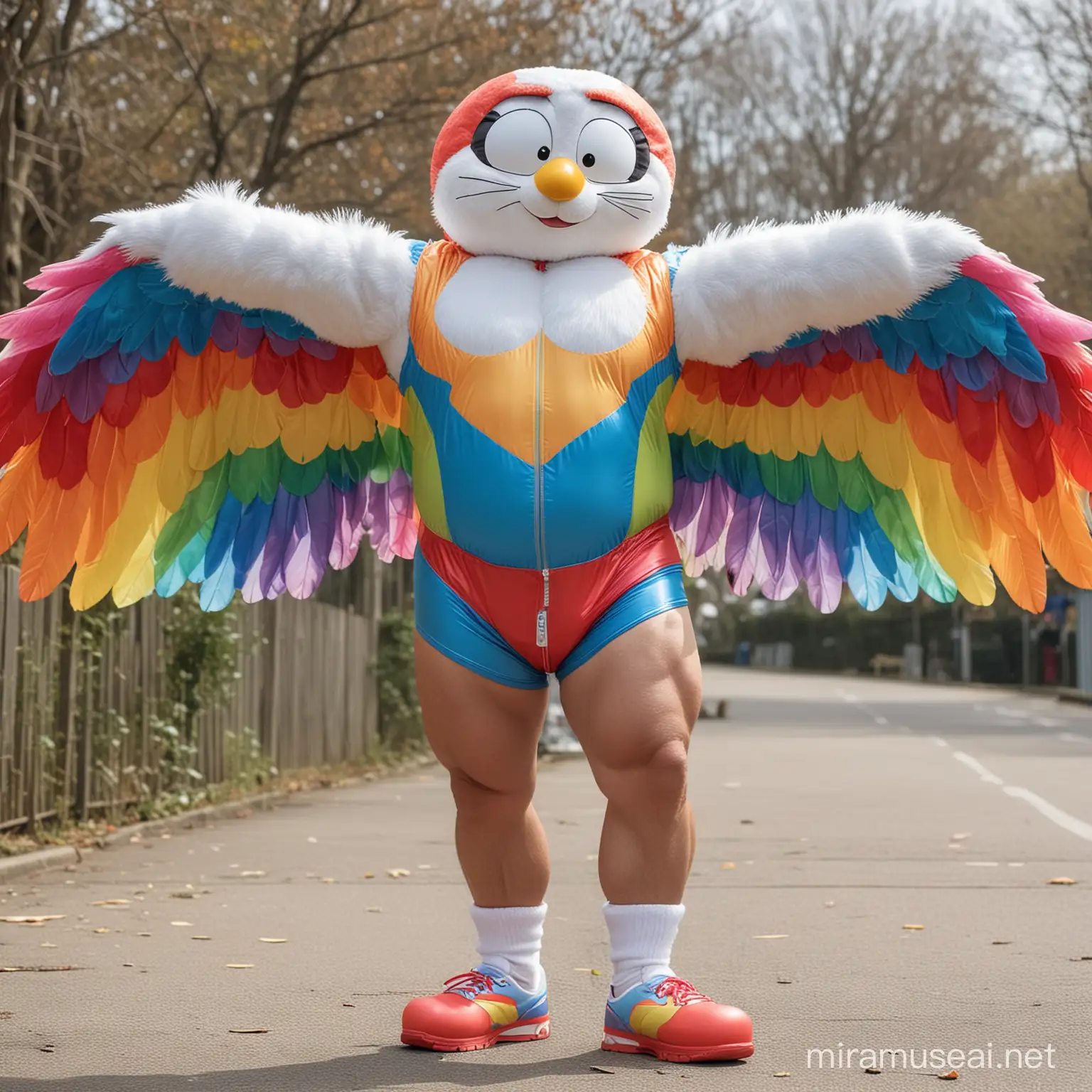 Full Body to feet Topless 40s Ultra Chunky IFBB Bodybuilder Daddy wearing Multi-Highlighter Bright Rainbow Coloured See Through Eagle Wings Shoulder Jacket Short shorts Arms Up Flexing Big Strong Arm with Doraemon