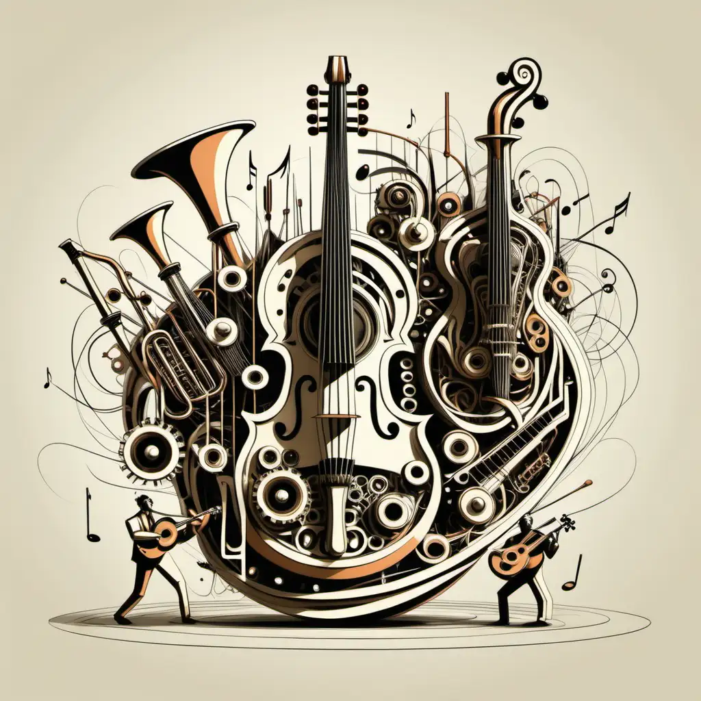 organic, mechanical musical instruments, musicians playing each others in a creative and abstract scenario. Draw using vectors