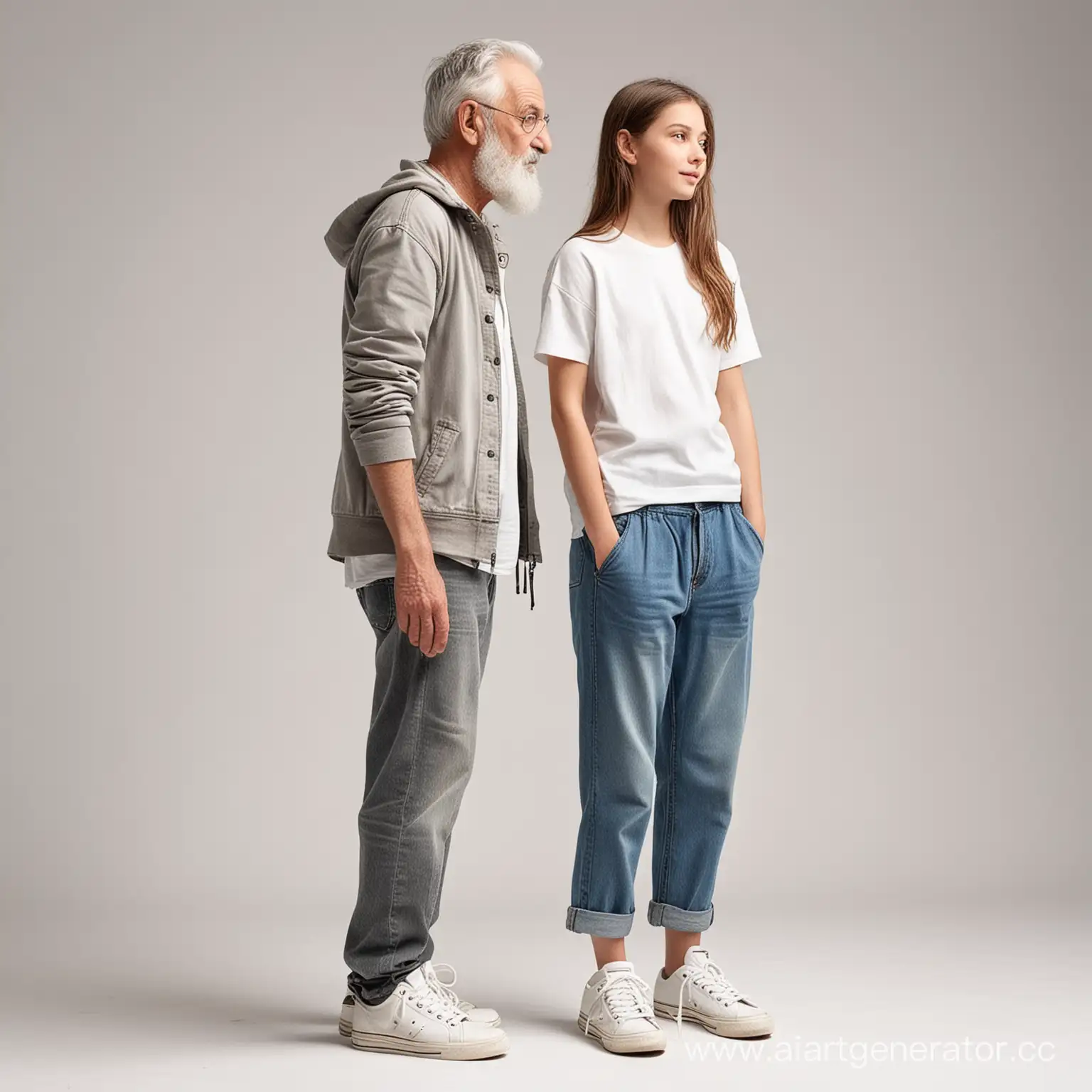 side view photo "miniature sized old man" very short little old man stands back to back with extremely tall teen model in sneakers, white studio 