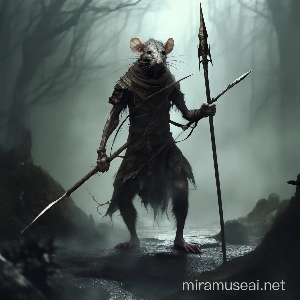 Sinister Ratlike Human Warrior with Spear in Dark Fantasy Realm