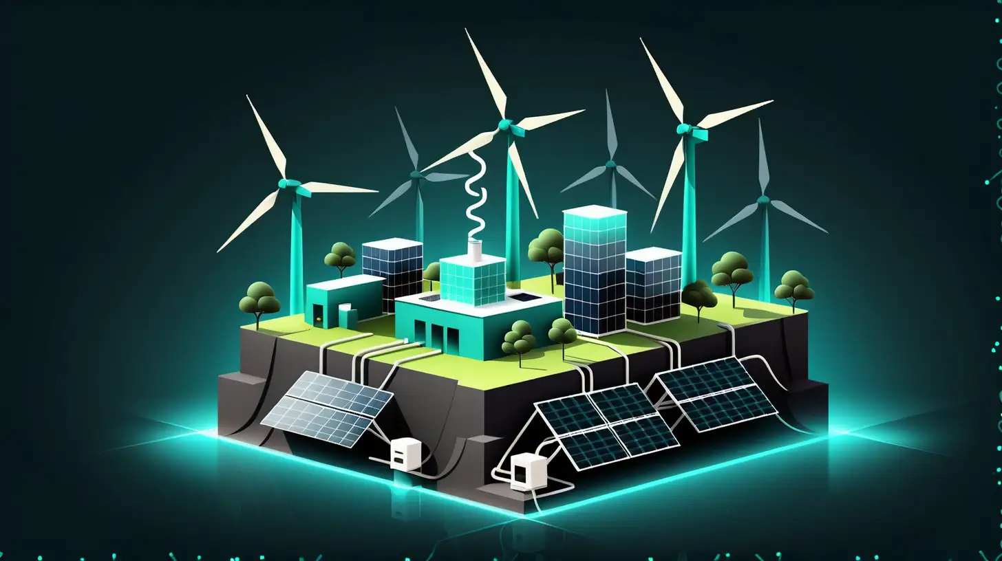 renewable energy electricity carbon offset illustration, dark background, no text, blockchain web3, teal blue