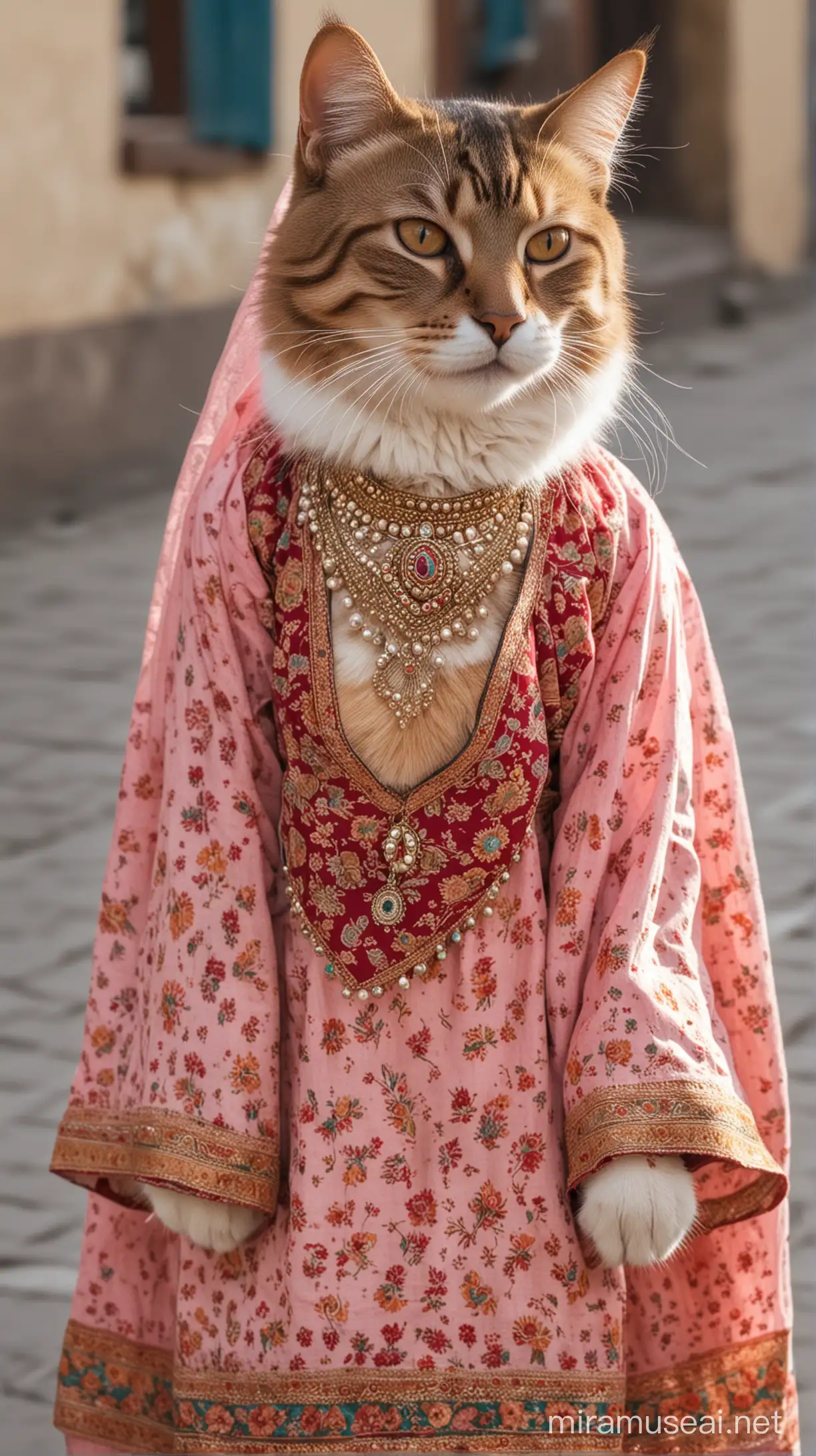 Smiling Pretty Cat in Traditional Indian Attire on City Street