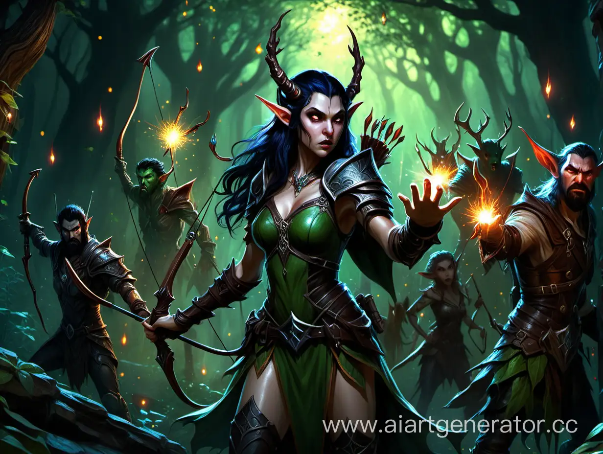 Fantasy-Battle-Elf-Archer-and-Dryad-Confront-Cobalts-in-Stony-Dungeon
