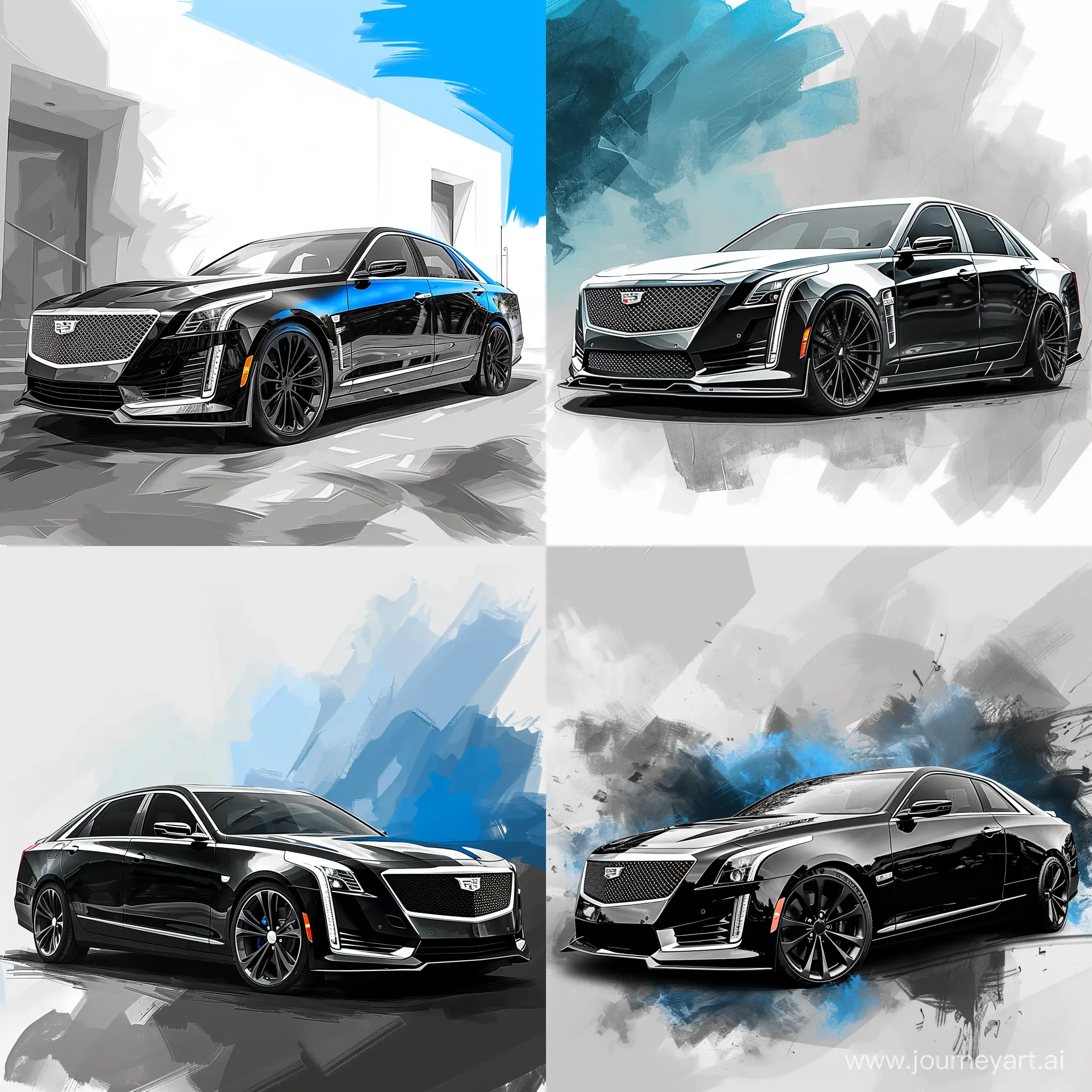  a black and gray modern cadillac cts, in the style of digital painting and drawing, minimal retouching, caricature-like illustrations, white and blue, tonalist, angura kei, nikon d850 