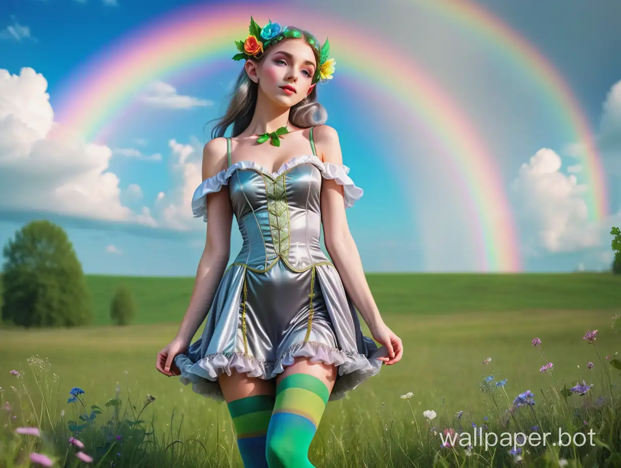elf girl magician in a shimmering gray short dress with beautiful green stockings on a blooming meadow under the tender blue sky with a baroque rainbow