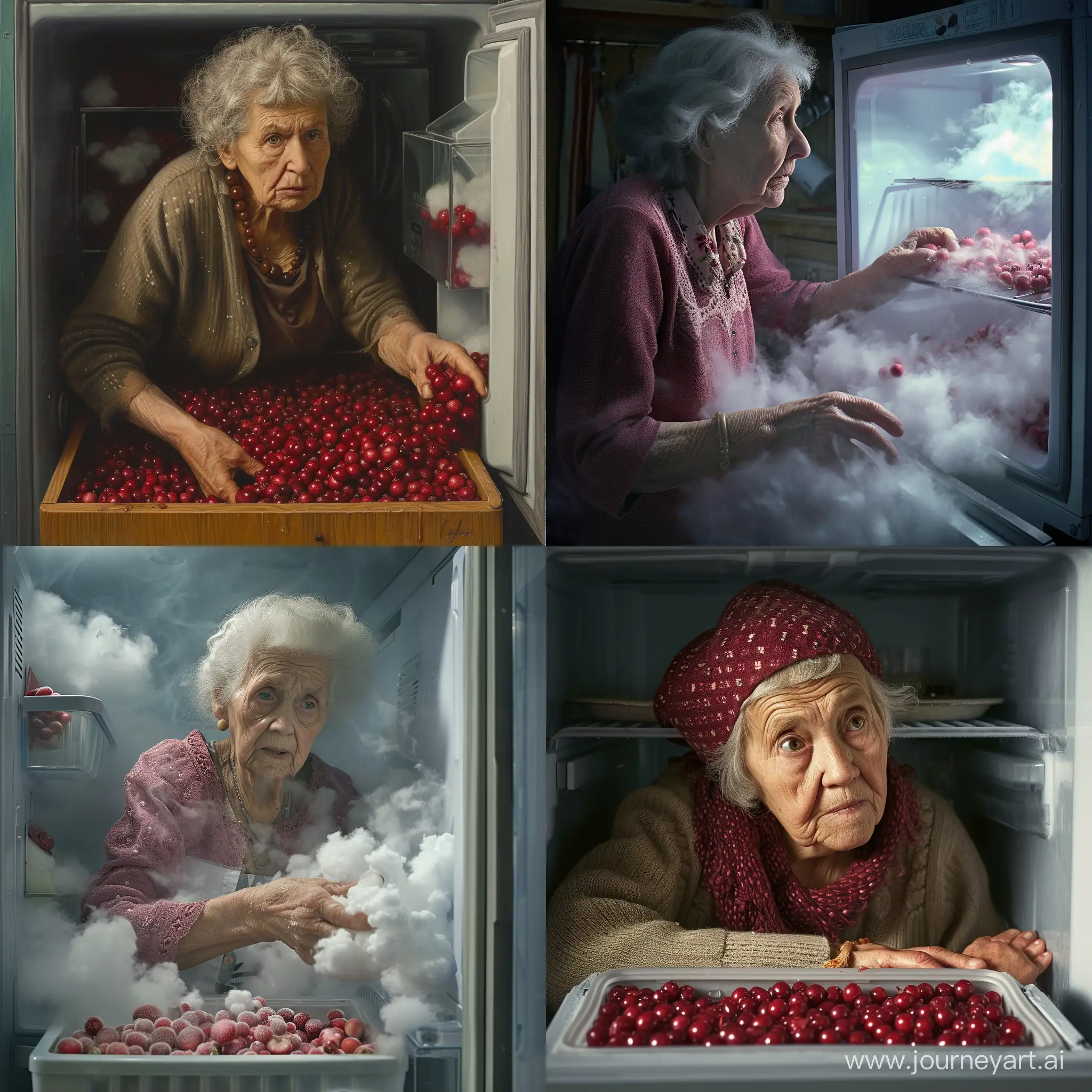 An old woman finds cloudberries in the freezer