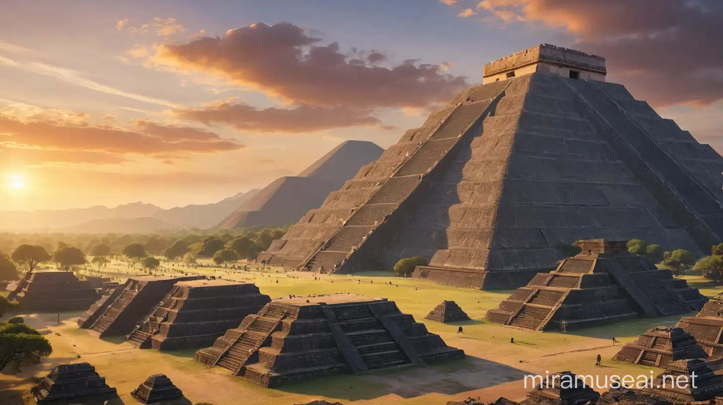 Crie uma imagem intrigante das pirâmides de Teotihuacan ao pôr do sol, destacando as sombras alongadas das estruturas imponentes. Adicione um elemento de mistério, como uma neblina sutil ao redor das pirâmides, sugerindo os enigmas e segredos que envolvem essas antigas construções. Na parte inferior da imagem, inclua o logotipo do canal e a hashtag mais utilizada sobre o tema.





