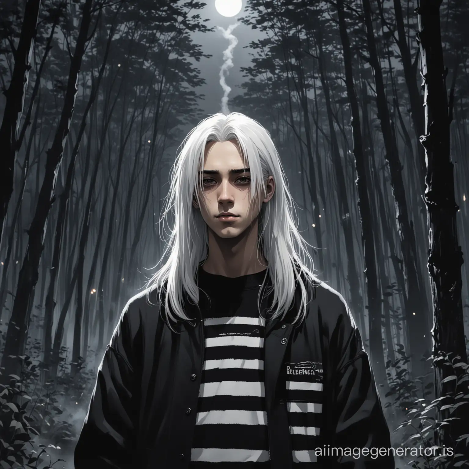 A young man with long white hair dressed in a sweater with wide black and white stripes over which a black jacket with the logo of the Balenciaga brand is thrown smokes a cigarette at night in the forest in a grim style of horror anime. anime