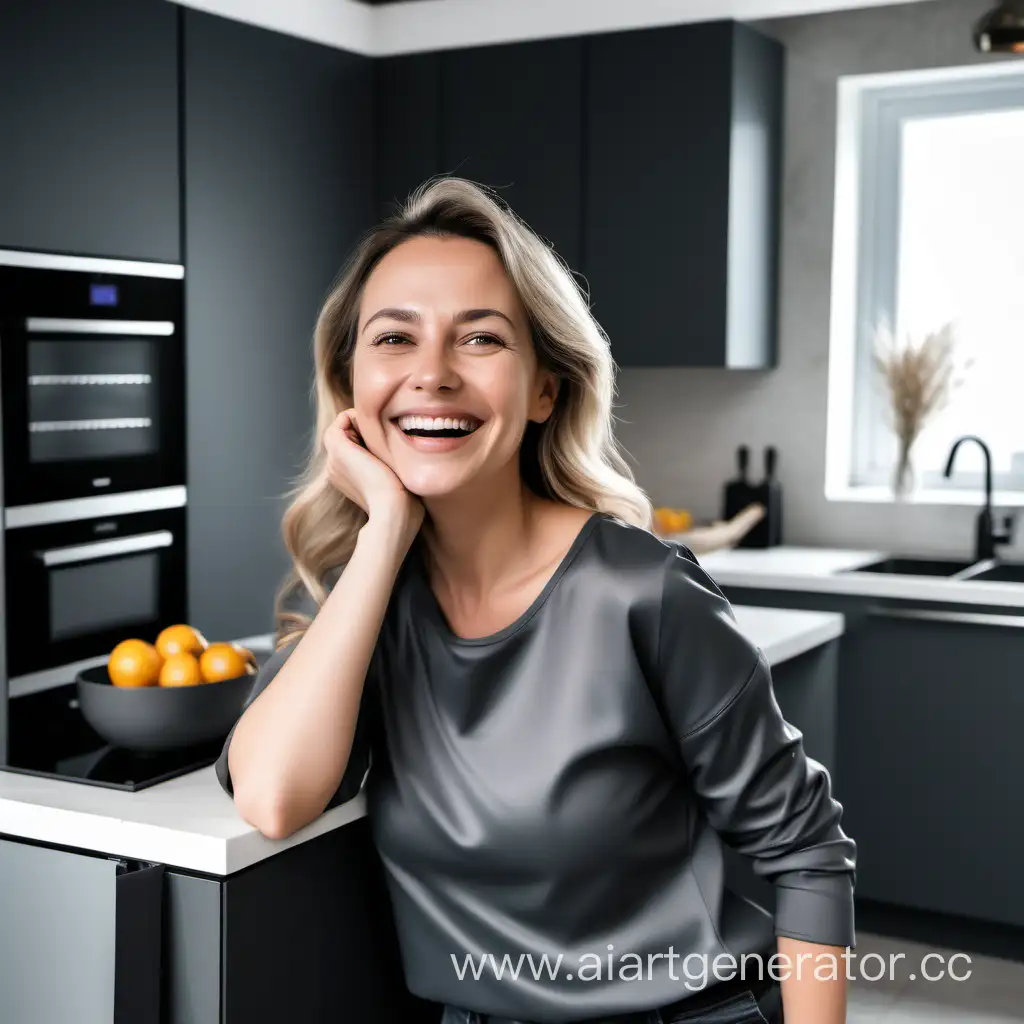Joyful-35YearOld-Woman-in-Stylish-Graphite-Kitchen
