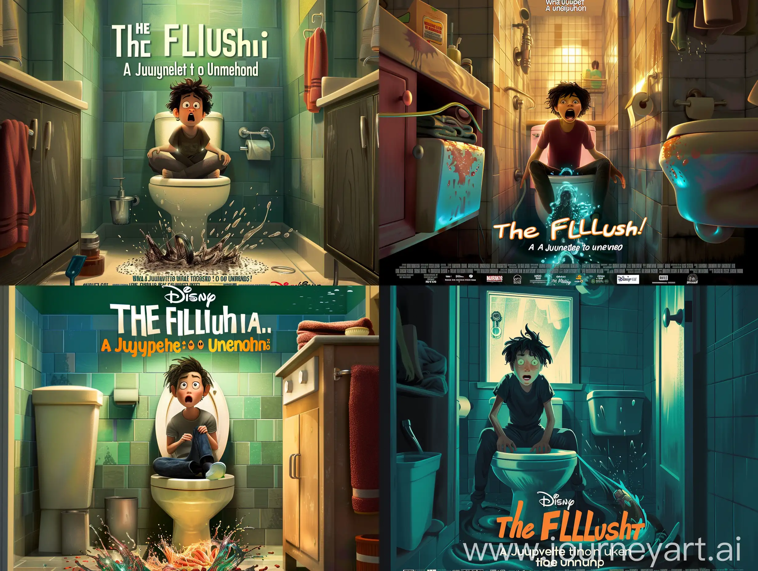 A movie poster in the style of Disney Pixar, featuring a person sitting on a toilet seat in a bathroom. The title is "The Flush: A Journey to the Unknown". The tagline is "What happens when you flush the wrong thing?". The poster shows the person looking shocked and scared, as a mysterious object swirls down the drain. 