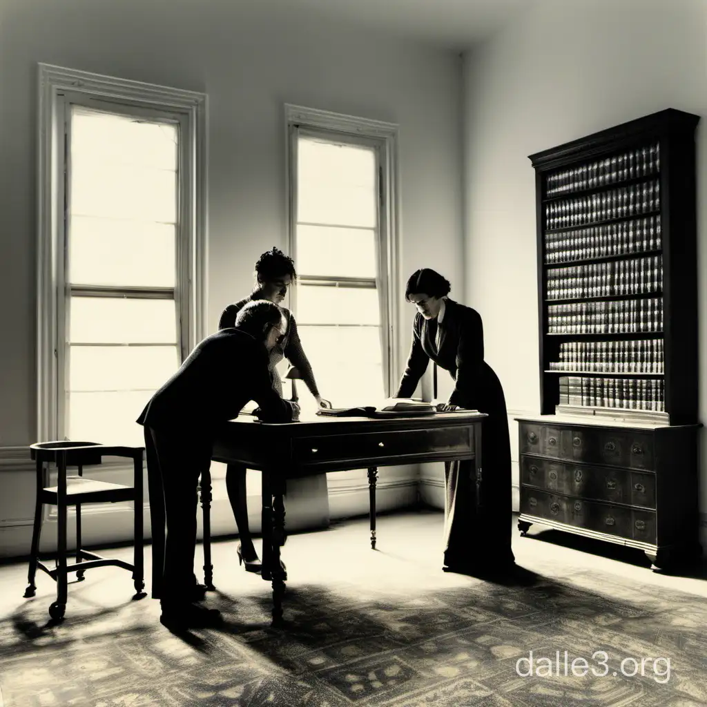 два человека стоят у письменного стола