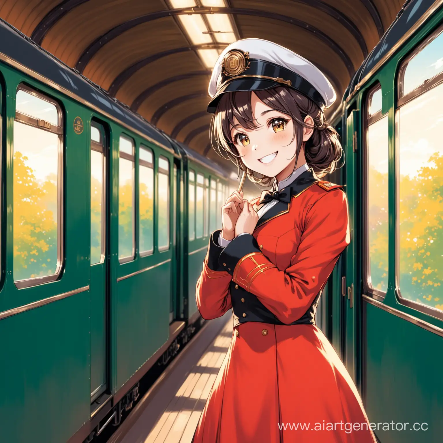 девушка проводник стоит возле вагона поезда и улыбается