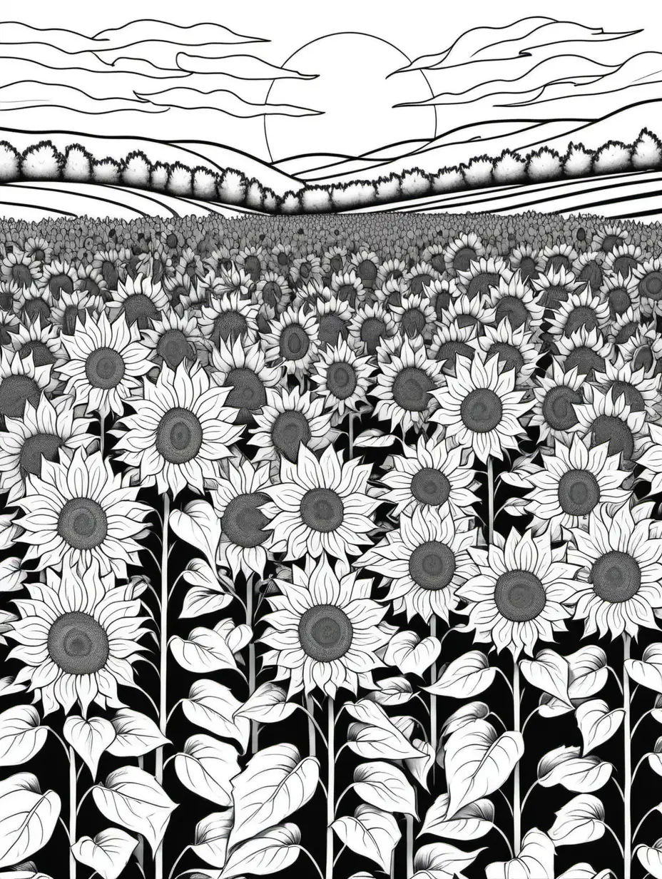 adult coloring book, field of sunflowers, black and white


