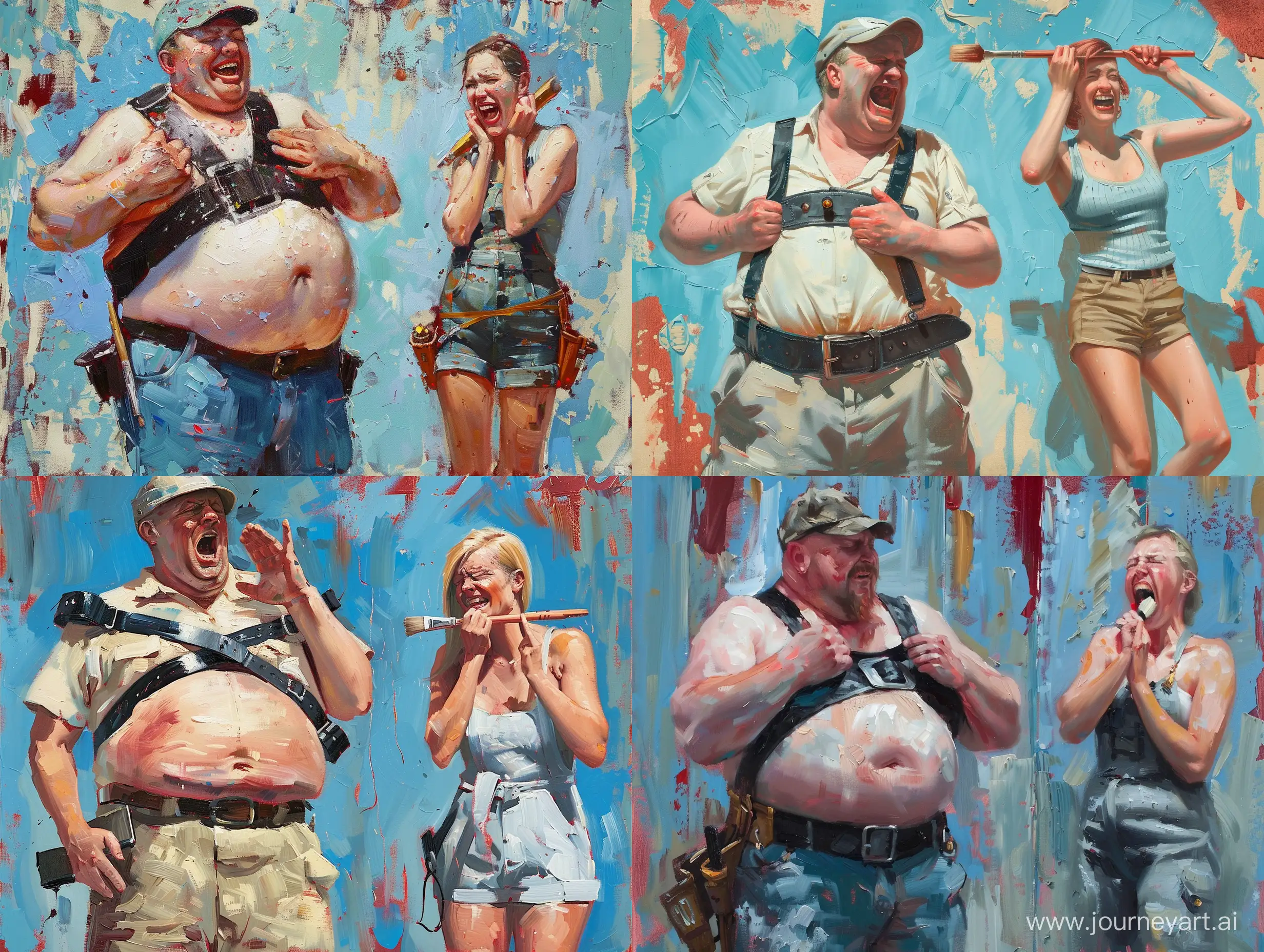 A fat white builder in a cap does not understand why he needs two thick black leather belts on his stomach, and throws up his hands. Standing nearby is a thin white female construction worker, dressed in tight overalls, holding a brush and covering her mouth with her hand from laughter. The painting has a light playful character, good detail, blue and red tones.