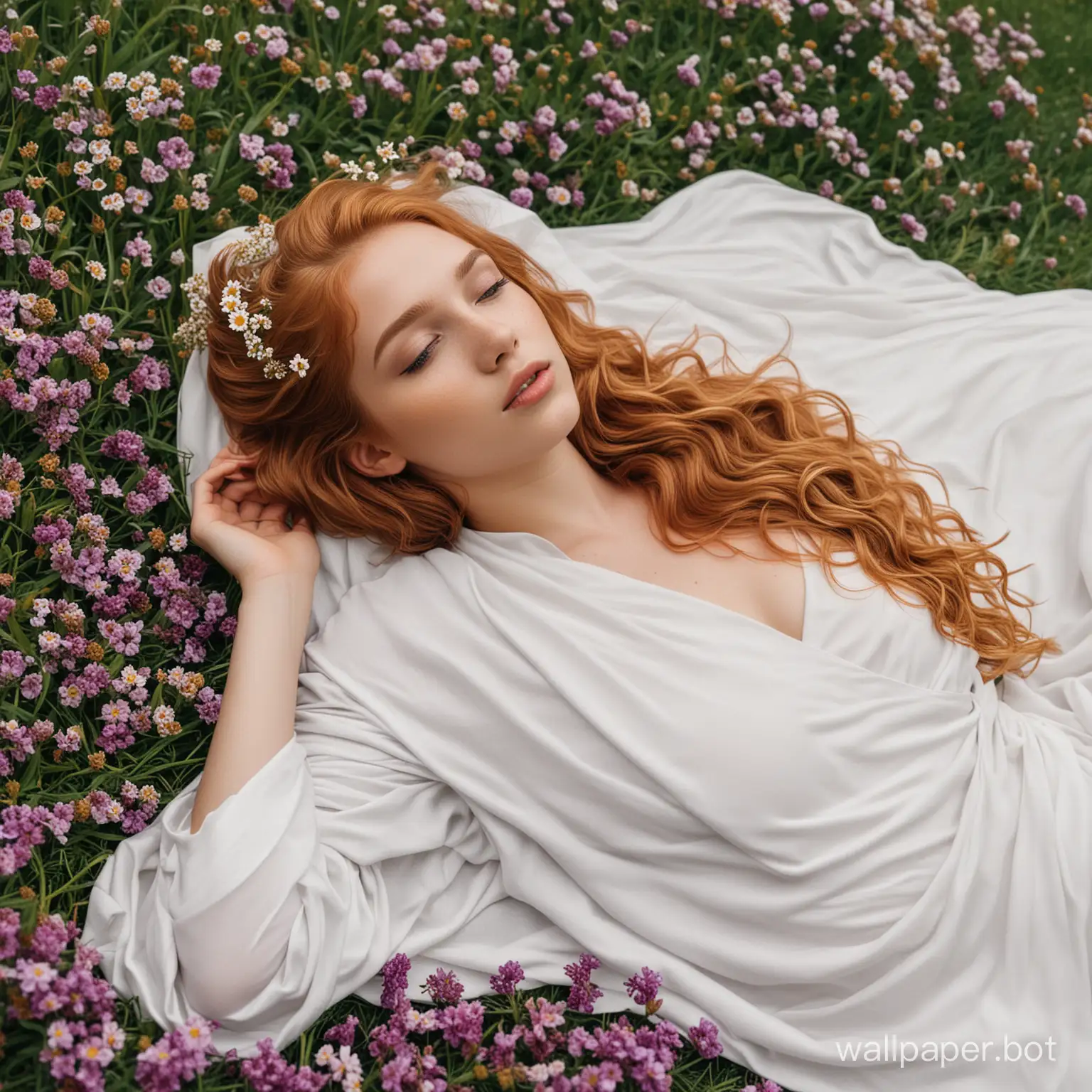 A girl with dusky skin color strawberry blonde hair laying side draped with a white cloak partially exposing her body on grass with some saturated purple flowers partially covering the girl's face with flowers