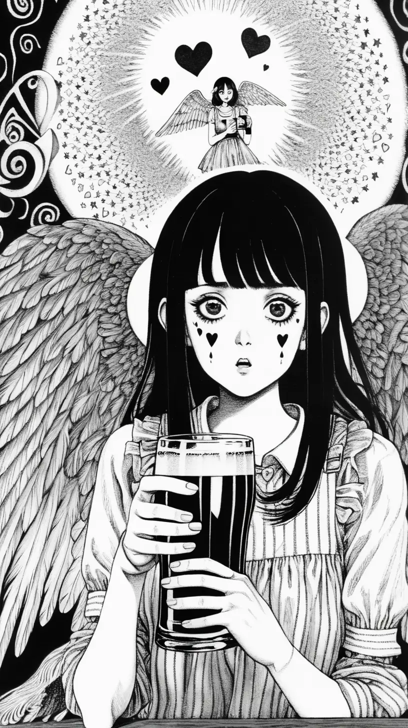 {best quality} line work, black and white, key visual junji, key visual kentaro Miura, horror, psychedelic, Sagittarius  zodiac sign theme, woman drinking a beer with her right hand, woman is surrounded by hearts, woman has angel wings