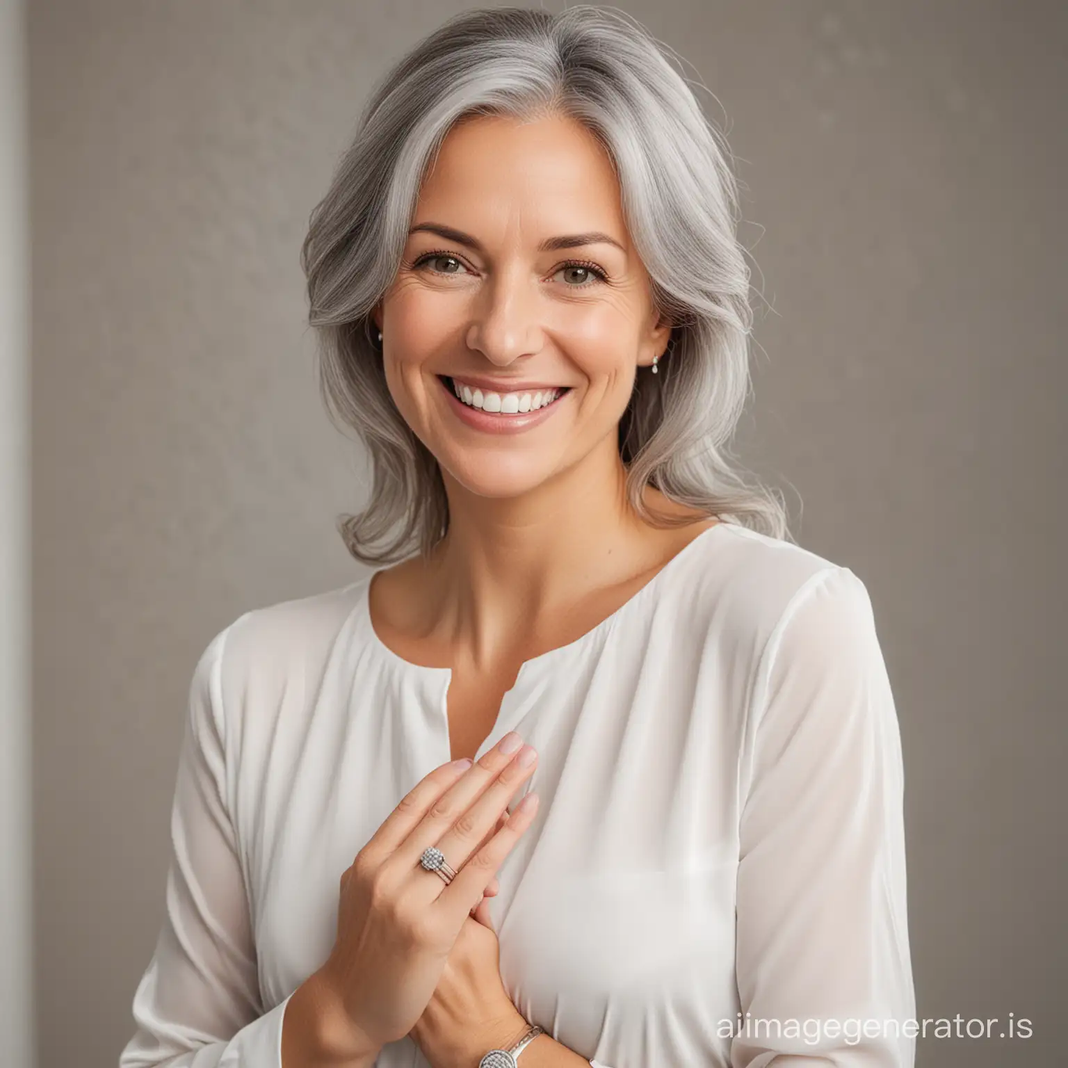 fully clothed smiling average looking grey wife with wedding ring