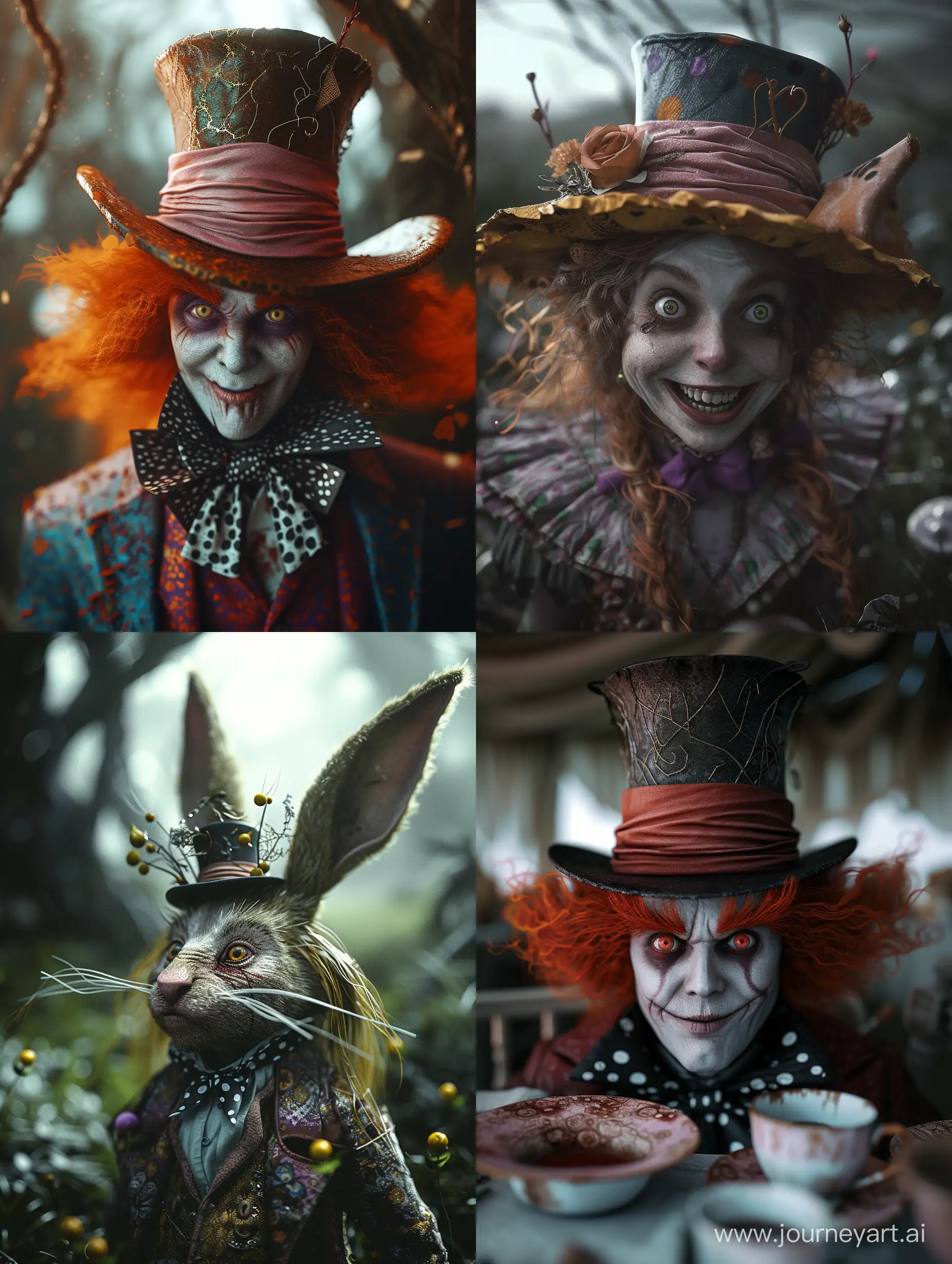 Alice in wonderland | mad hatter | unhinged | psychotic | epic cinematography | full frame | atmospheric I deep depth of field | attention to detail | nightmare fuel | horror core | creepypasta | 3D digital photoillustration | ambient occlusion | taken on provia