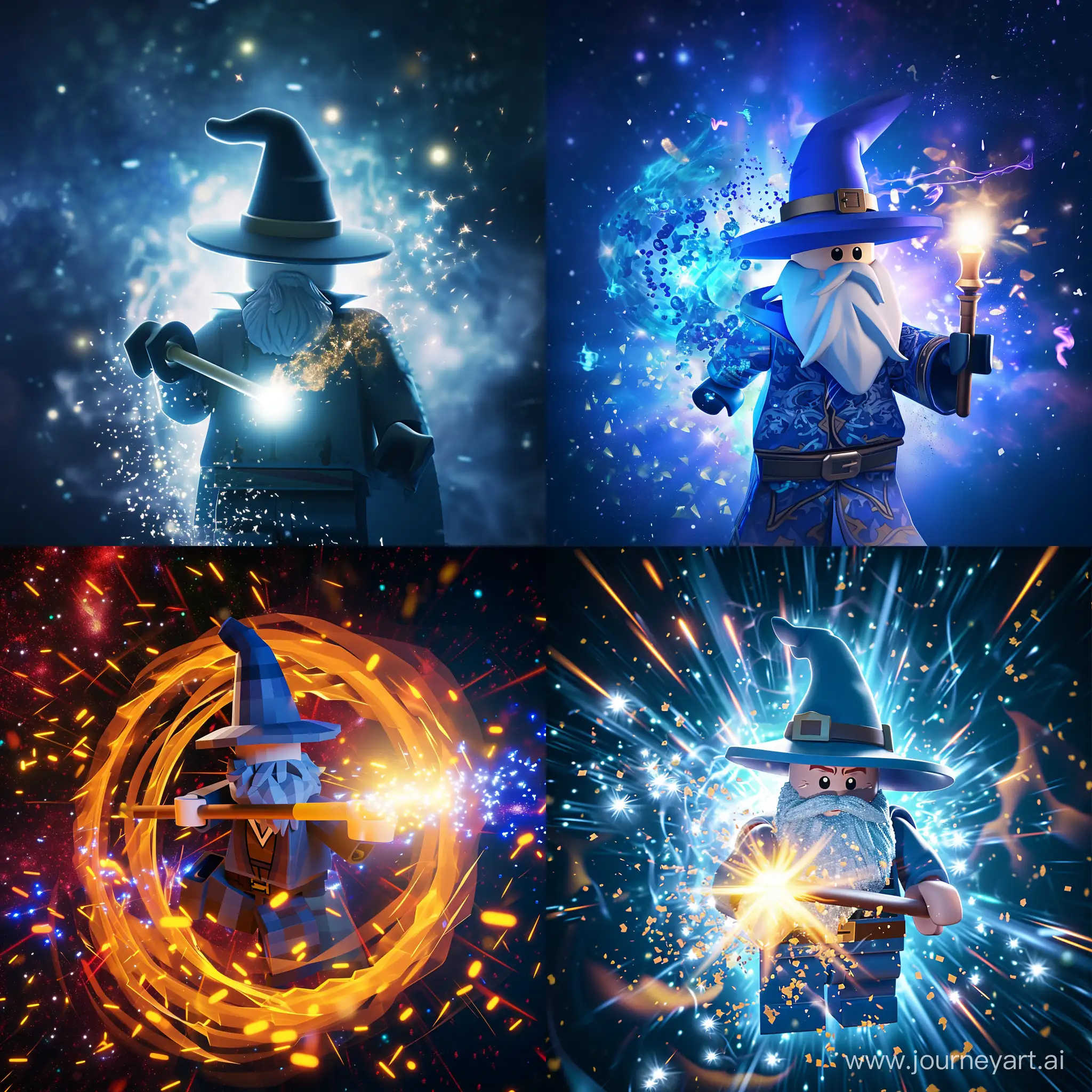 A wizard, whose only visible body is his torso, arms and head, holds a magic wand with spell particles around it in the center of the Roblox-style picture.
