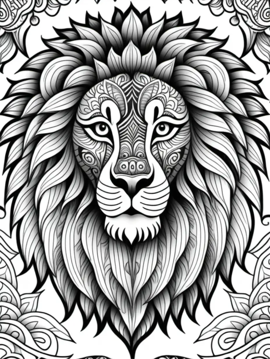 , adult coloring book, mandala patterned lion, black and white, high detail, no shading