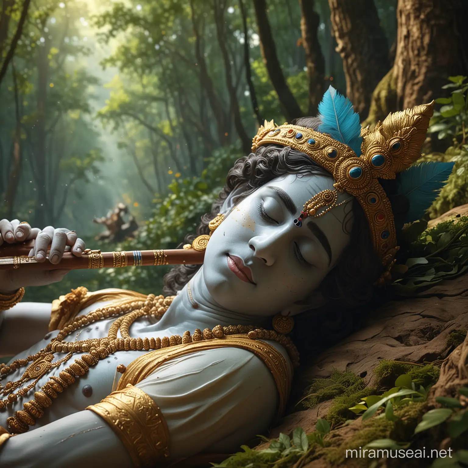 A detailed, hyper-realistic image of Lord krishna . lord krishna sleeping and, lord krishna , lord krishna with flute,lord krishna in vrindavan forest, lord krishna and full HD. 4k high quality.