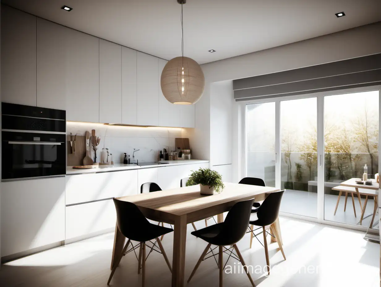 123 / 5,000 Translation results Translation result 4K, RAW photo, best quality, detailed, white kitchen, sunlight coming in, dining table, modern, led lighting,