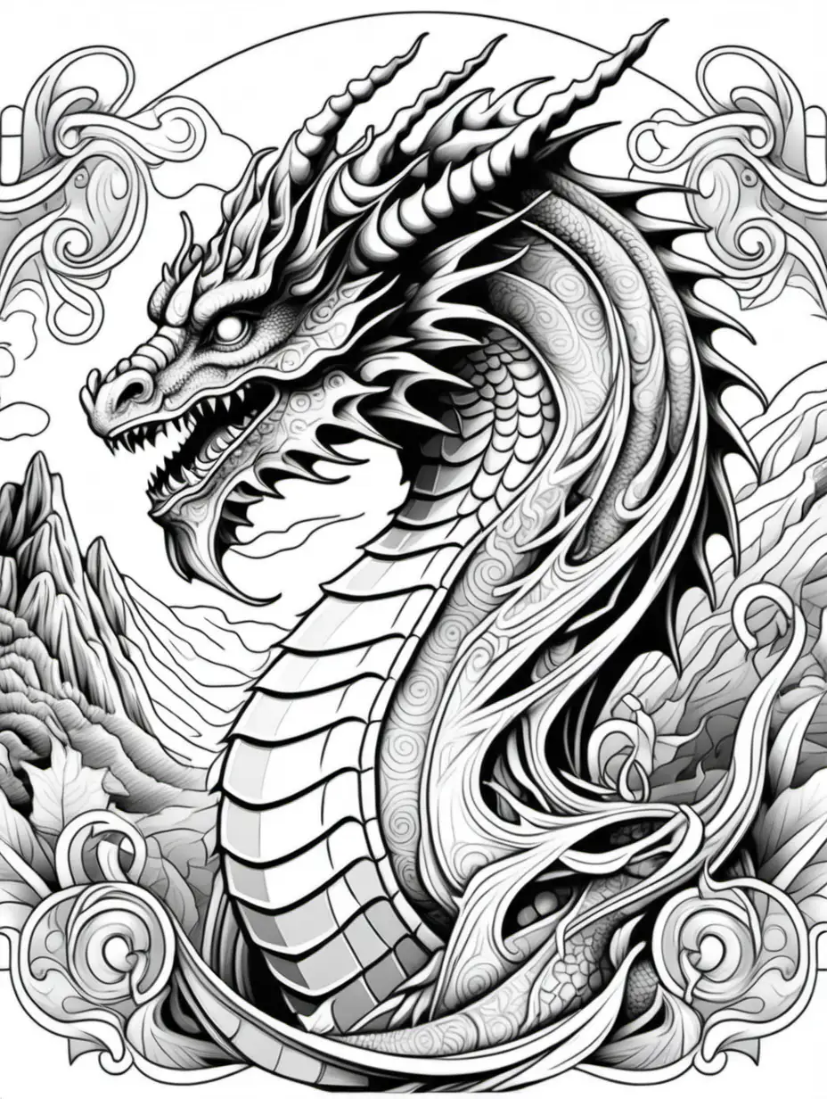 coloring page for adults, paint by numbers, dragons images, white background, clear line art, fine line art