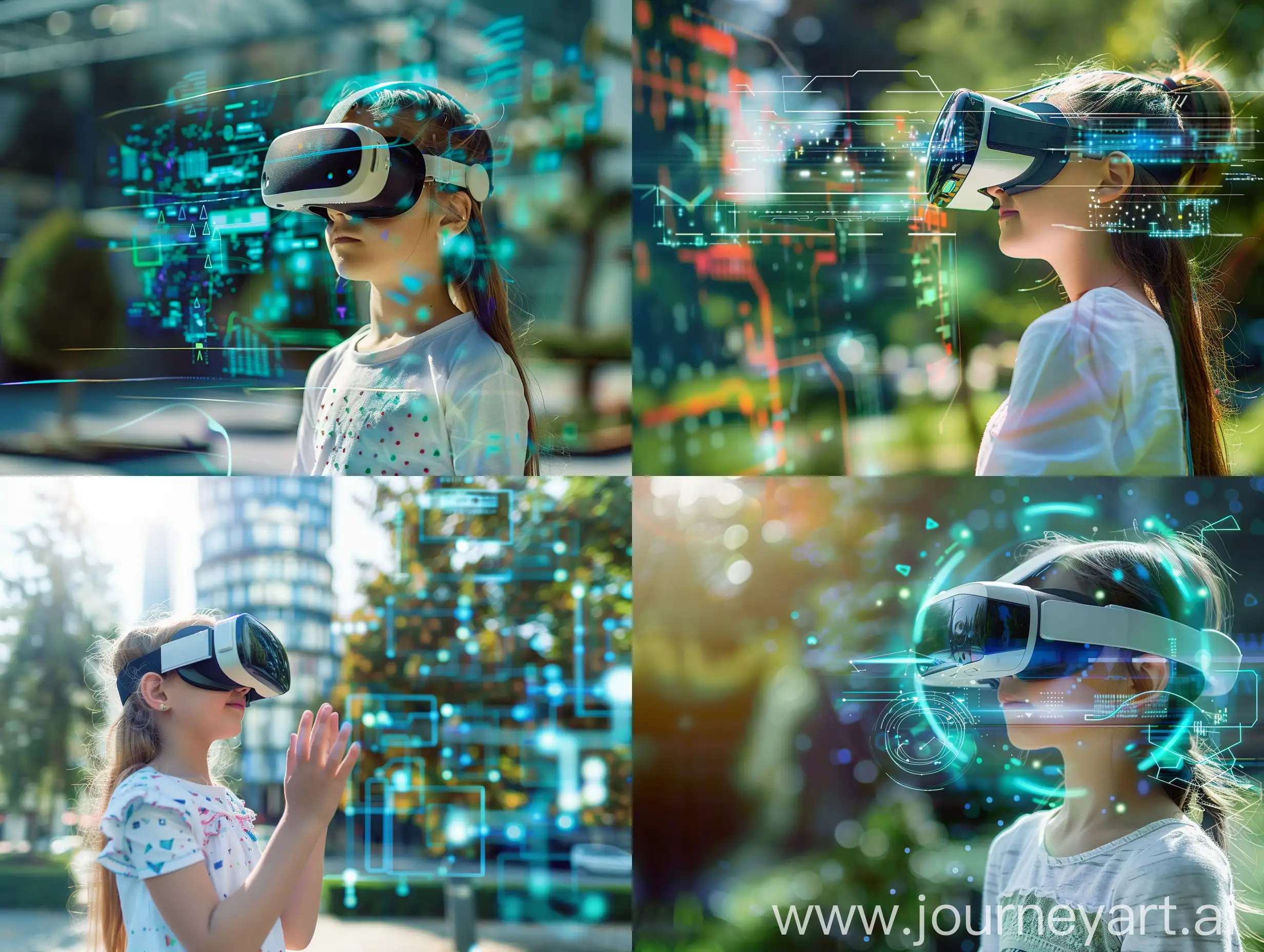 Generate an imaginative image depicting the intersection of education and new technology, where a young girl engages with virtual reality (VR) technology outdoors. Show her immersed in a virtual world, wearing a VR headset, with futuristic processors and augmented reality (AR) elements visible in the background. Capture the essence of cutting-edge technology and its potential to revolutionize learning experiences, emphasizing the fusion of high technology and education.