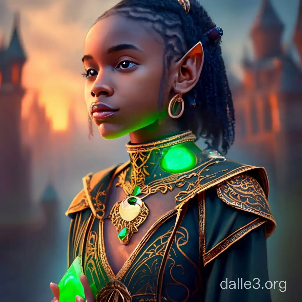 cute black teenage elf wearing medieval clothing and a necklace with a glowing emerald