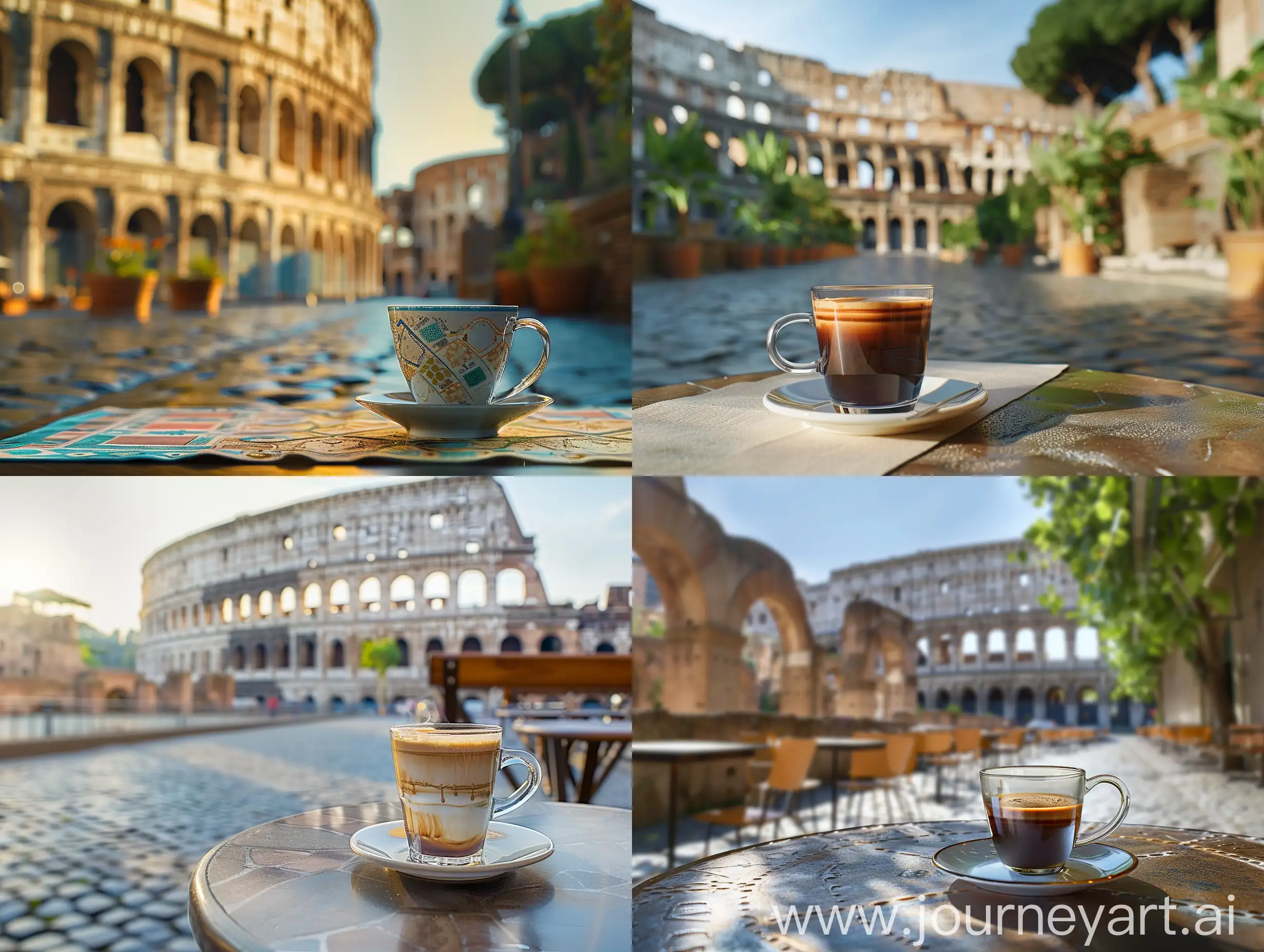Рекламная фотография стеклянная чашка кофе на столике в кофейне на фоне Колизея в Италии, вид спереди, студийная съемка с помощью цифровой зеркальной камеры Canon и микрообъектива IF-ED VR 105 мм f/2,8G, фотореалистичная, снимок с земли, естественное освещение, глубина резкости, макросъемка пейзажа — q 0,5 — s 250
