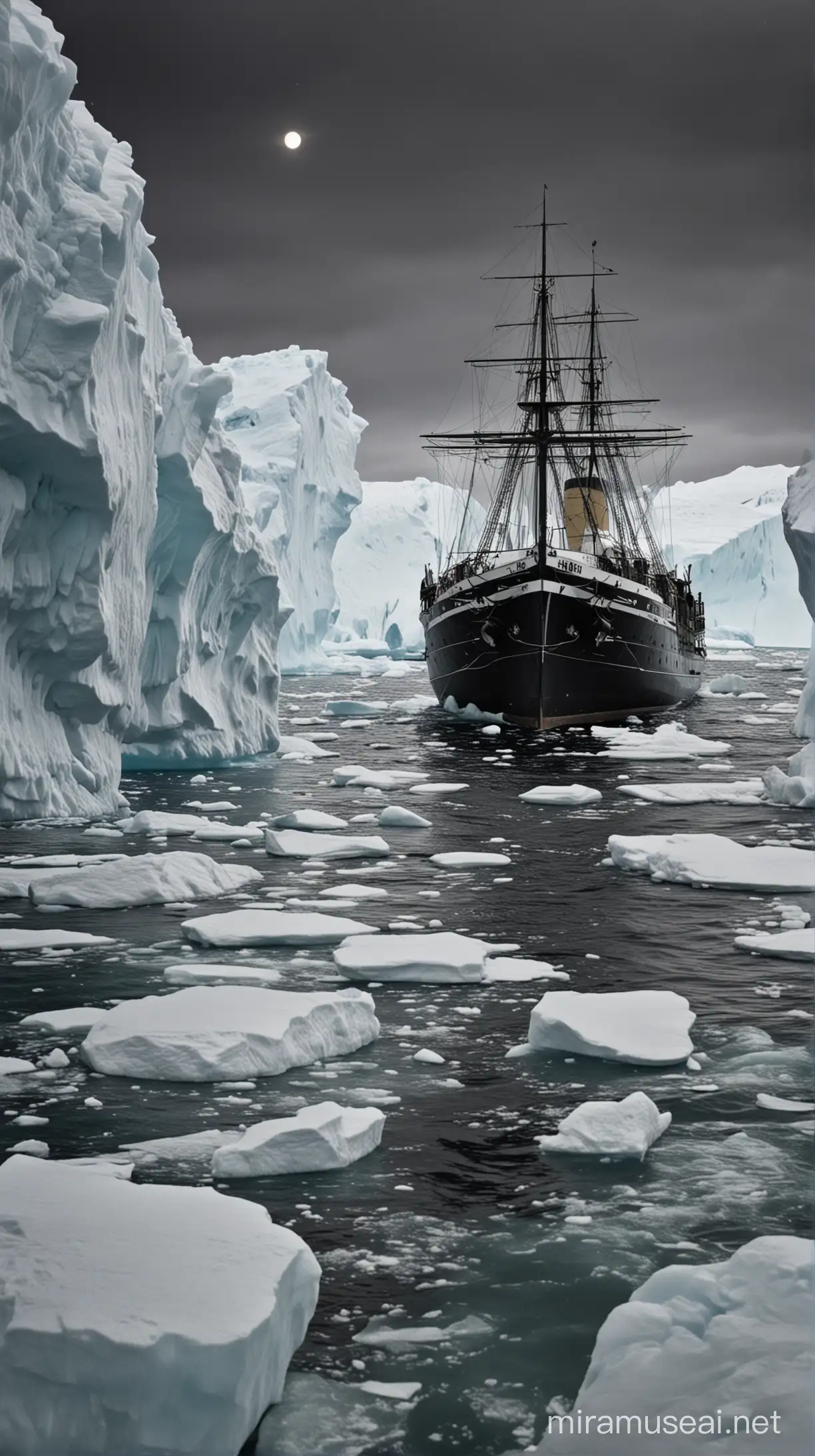 The SS Californian captain, Stanley Lord, halts the ship for the night due to large icebergs.
