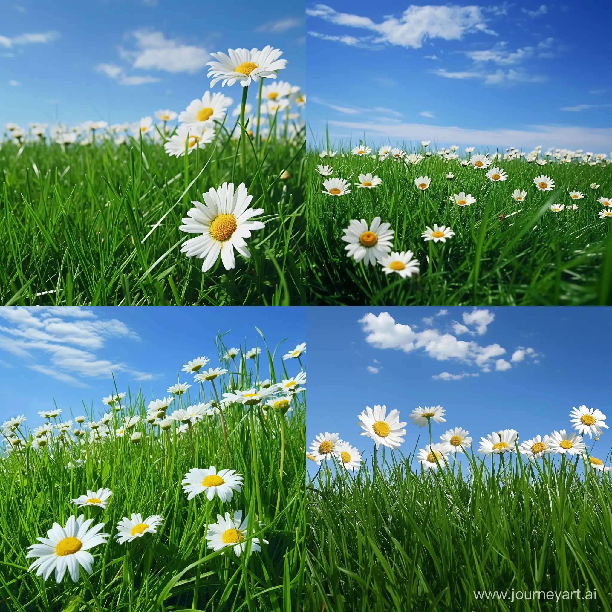 a beautiful natural landscape of a field of white daisies and green grass under a clear blue sky, Daisies: The flowers are in full bloom and have white petals and yellow centers. They are the main focus of the image and create a contrast with the green grass, Grass: The grass is lush and dense, indicating a healthy and fertile environment. The grass covers most of the ground and provides a background for the daisies, Sky: The sky is mostly clear with a few scattered clouds, suggesting a sunny and pleasant day. The sky occupies the upper part of the image and adds a sense of depth and openness to the scene, Angle: The angle of the photo is low, close to the ground, giving an immersive perspective as if one is lying on the grass and observing the flowers. The angle also shows the expanse of the field and the sky in the background
