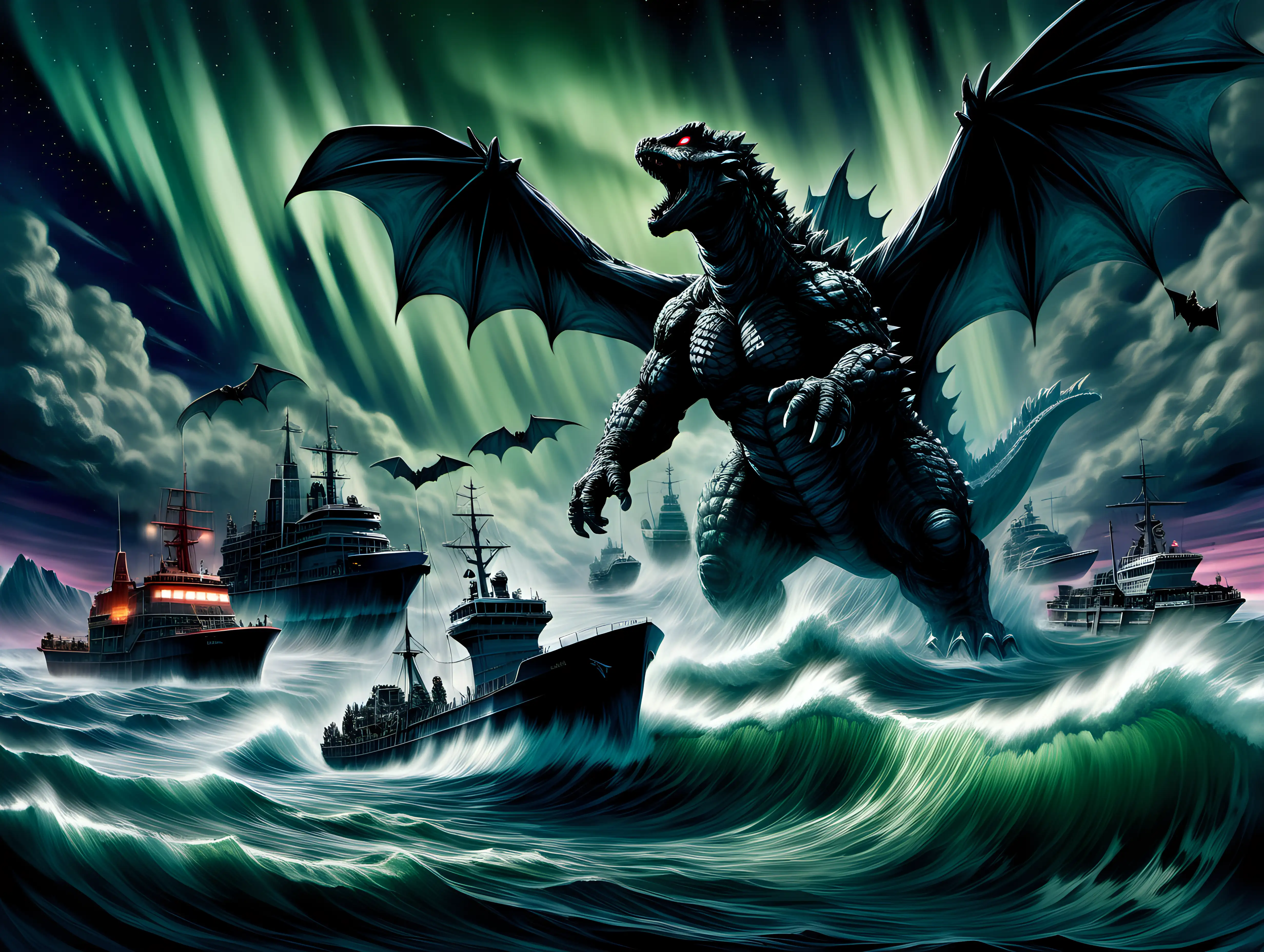 Godzilla raising out of the sea and vampire bats hovering over ships sailing near the aurora borealis photorealistic