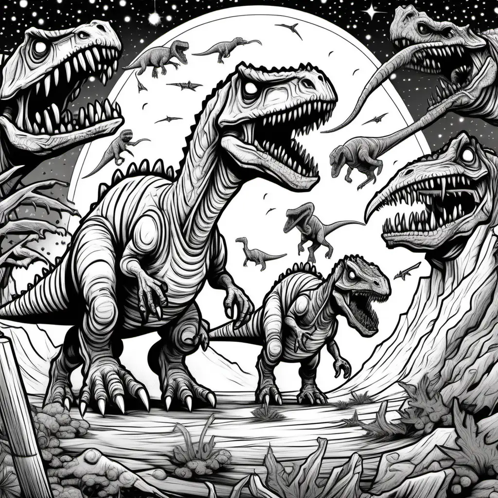 Zombie Brontosaurus Dinosaurs on a Spaceship Coloring Pages for Children