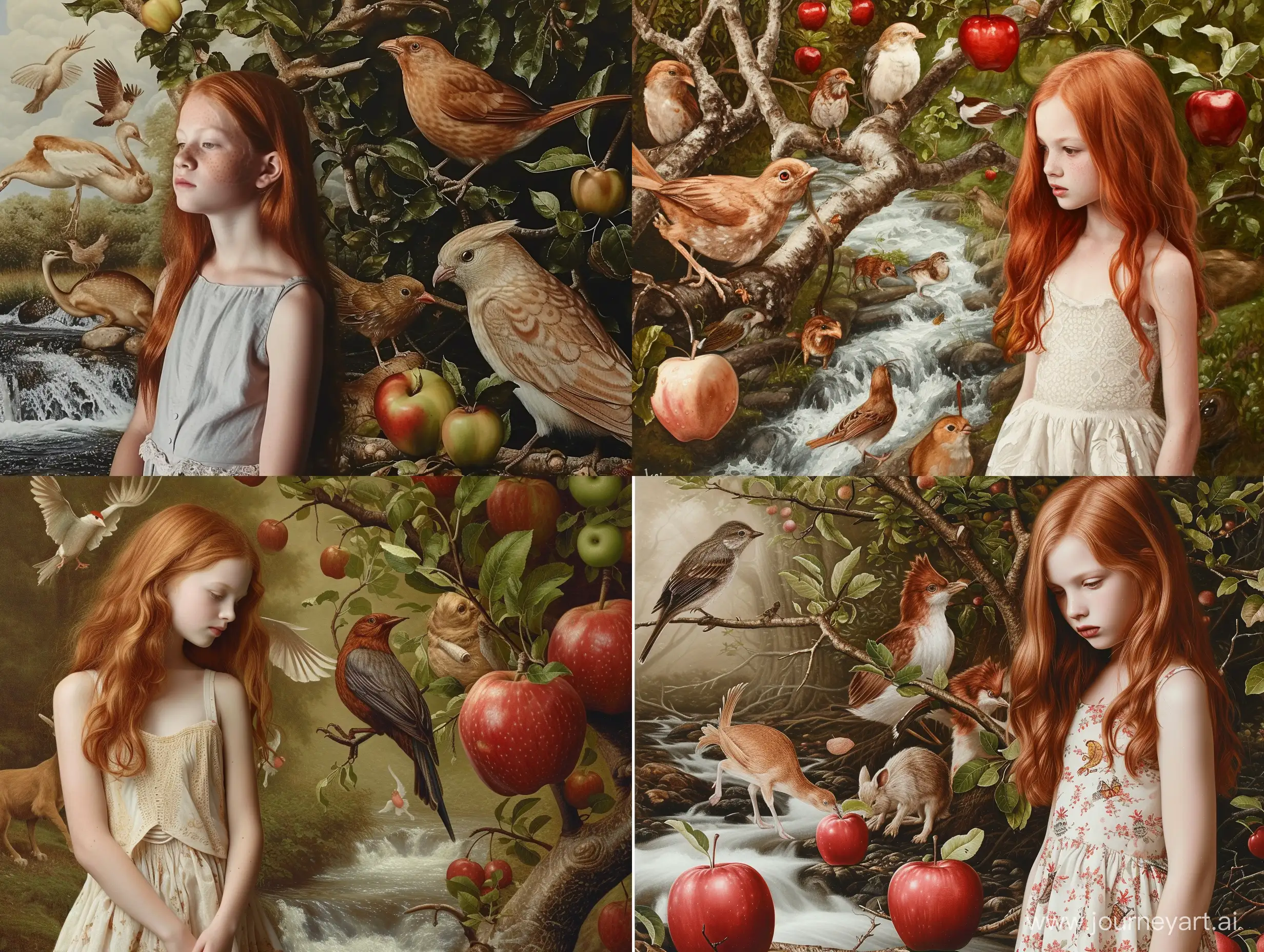 grove stream; magical animals and birds, as in the painting of the creation of the world by Raphael; red-haired girl; athletic figure; a simple, elegant dress; next to it is an apple tree with large beautiful apples; Style: Magic Realism --v 6 --ar 4:3 --no 84378
