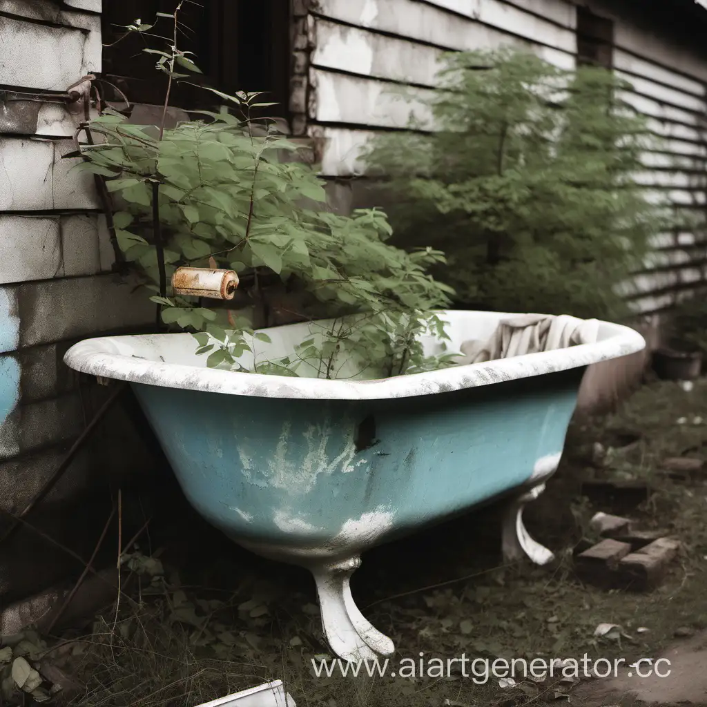 Vintage-Soviet-Bathtub-Outdoors-Rustic-Relic-in-Urban-Setting