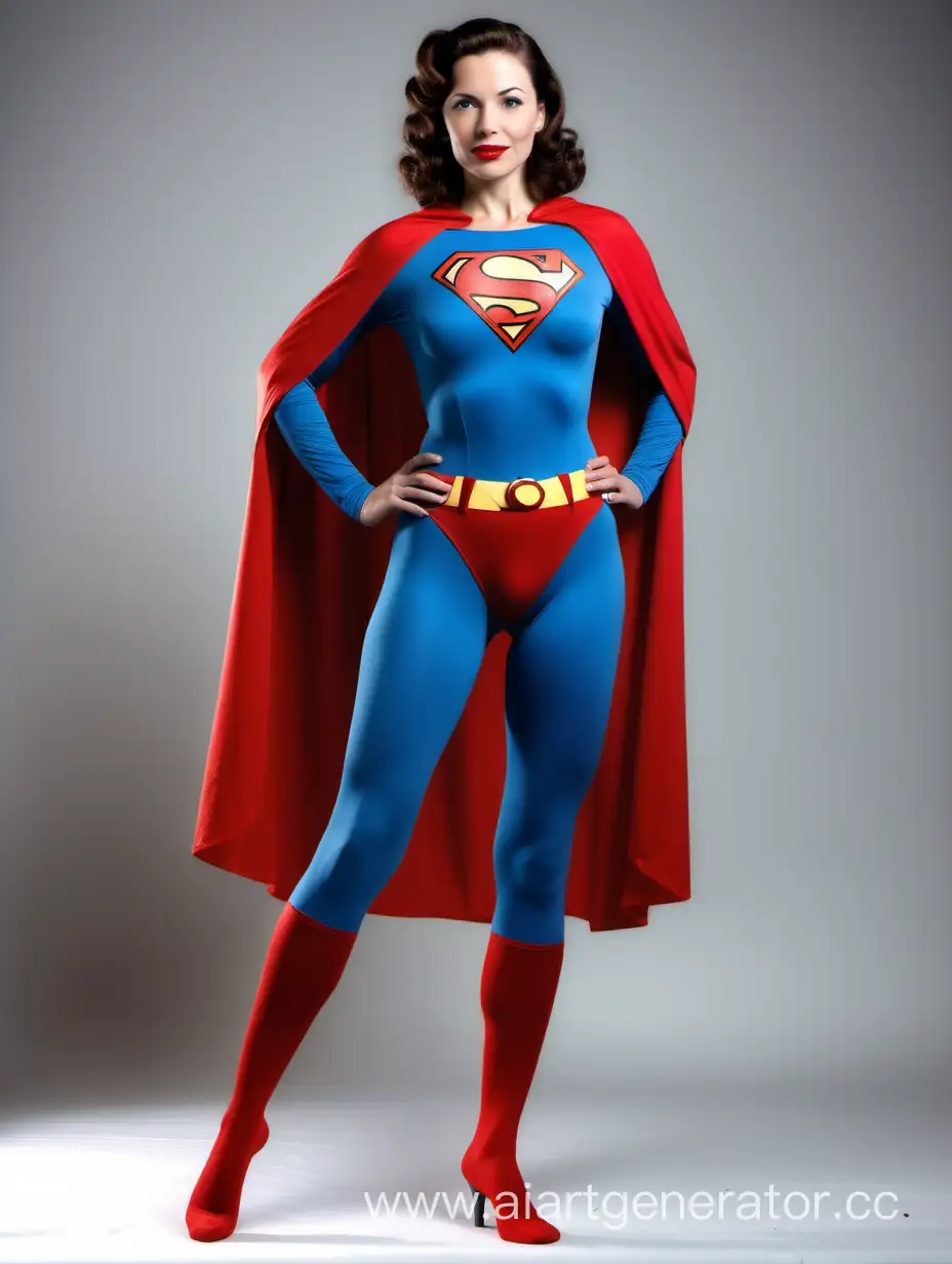 A beautiful woman with brown hair, age 35, She is happy and muscular. She is wearing a Superman costume with (blue leggings), (long blue sleeves), red briefs, and a long cape. Her costume is made of very soft cotton fabric. The symbol on her chest has no black outlines. She is posed like a superhero, strong and powerful. Bright photo studio. In the style of 1940s movie.