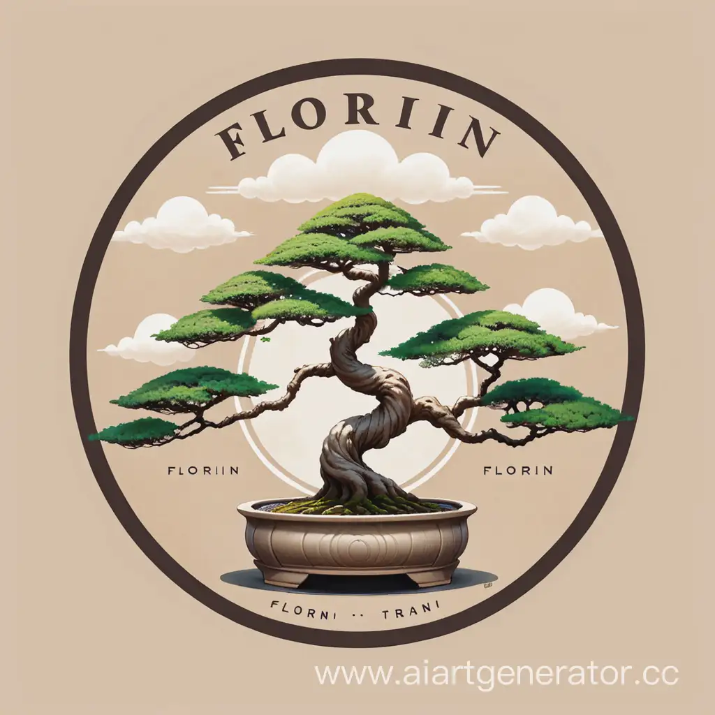 Нарисуй пожалуйста круглый логотип, на котором изображено дерево Бонсай  на фоне бежево-серых облаков, логотип в рамке из кроны дерева, внизу на логотипе написано название бренда крупными буквами белым цветом FLORIN. 