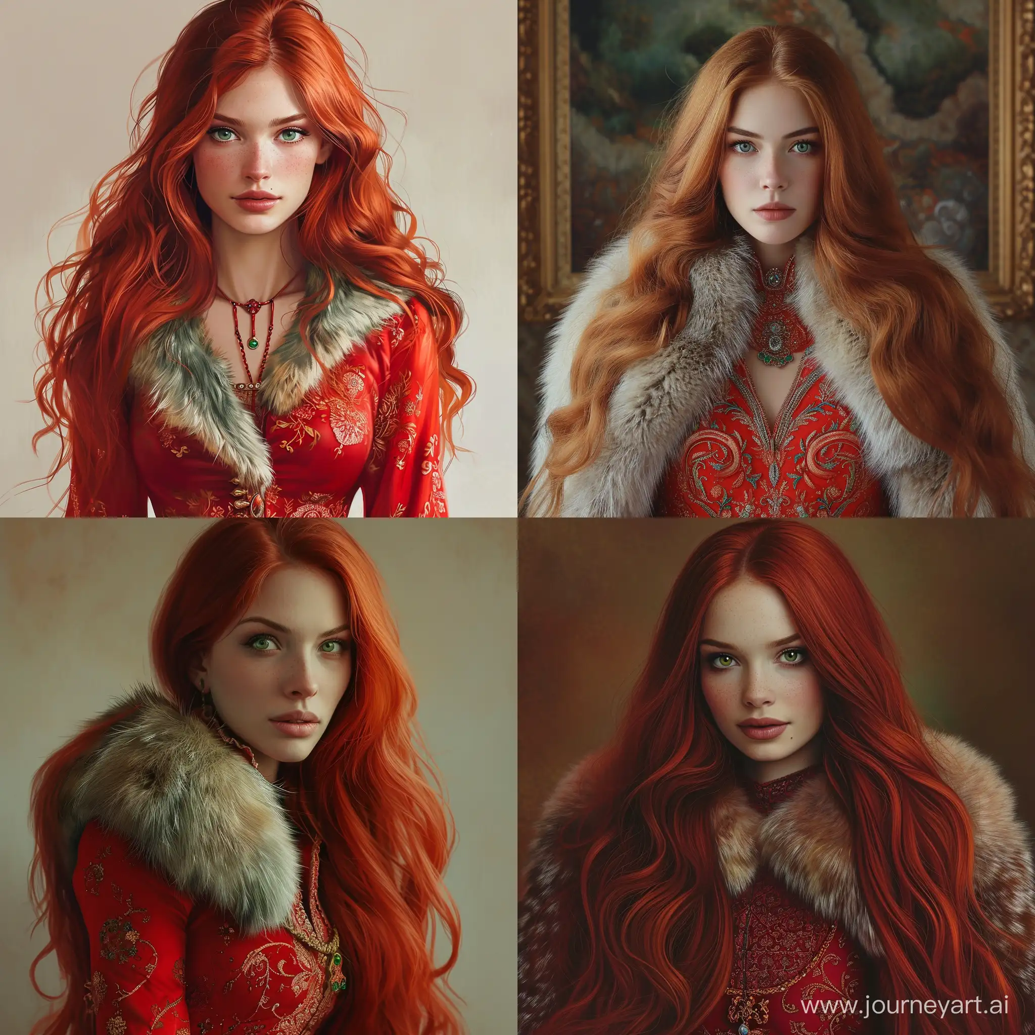 Slavic-Style-Red-Dress-Portrait-of-Boyarina-Ksenia-with-Fur-Trim-and-Wavy-Red-Locks