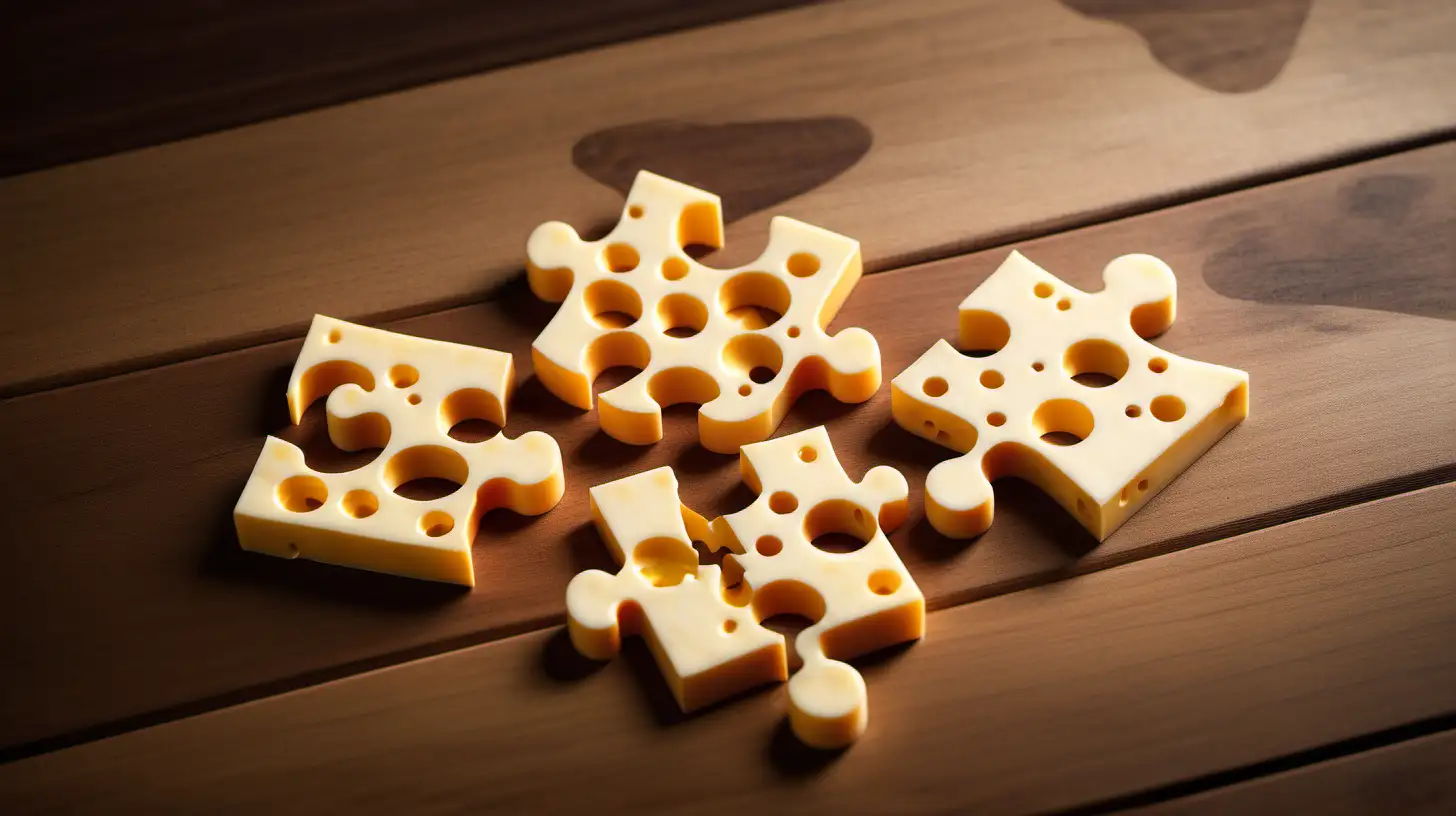 Colorful Cheese Puzzle Pieces Arranged on a Wooden Table