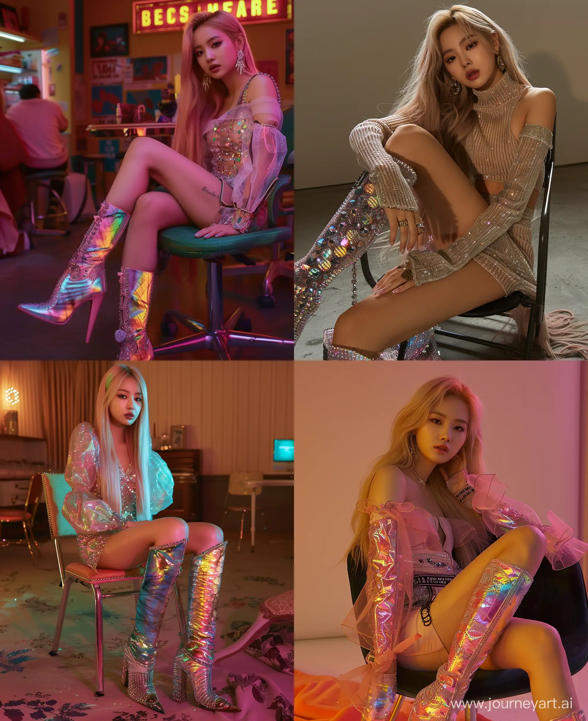 High resolution fashion photo of jennie blackpink's full body shot, wearing a crystal boots made of Labradorite,sit on chair, super casual, everyday attire, in the style of jennie, mysterious nocturnal scenes, mischievous motif, album covers, flickr --ar 103:126 --style raw --stylize 250 --v 6