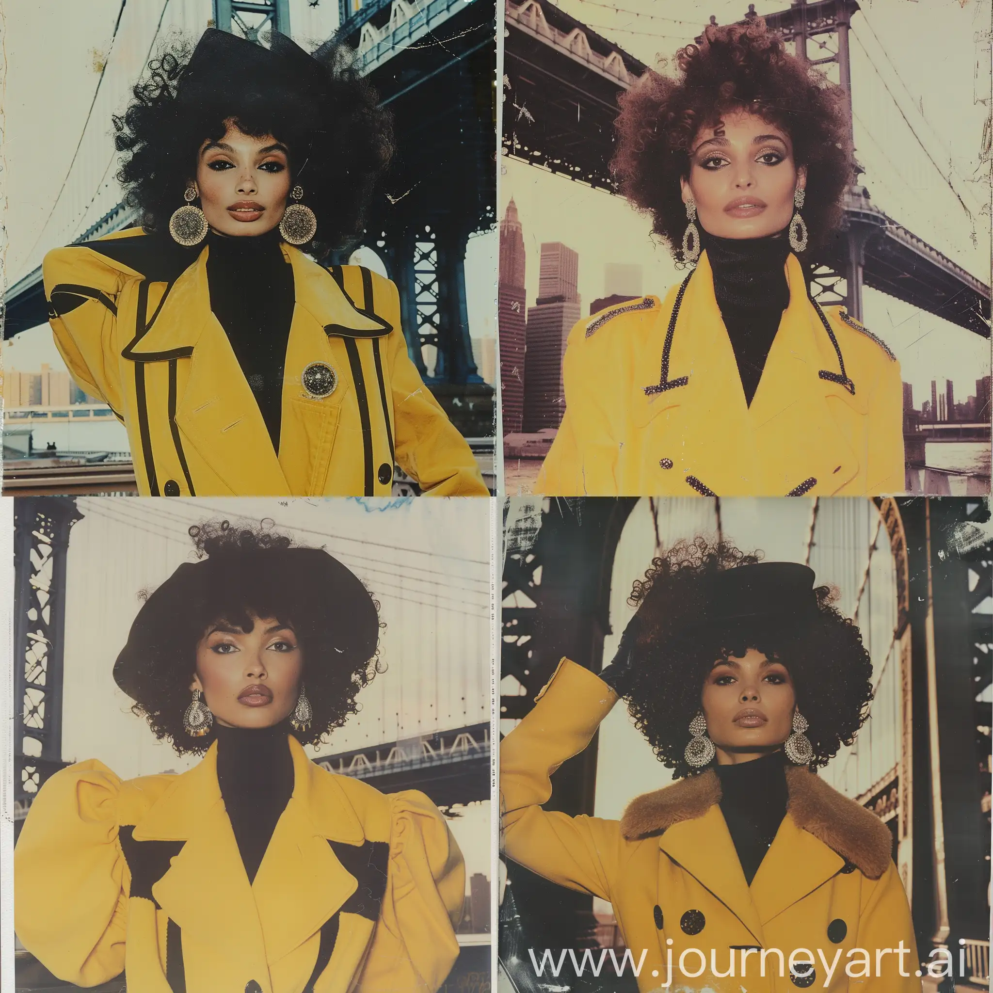 1980 Elle fashion, New York bridge, fashion model, кудрявые объемные волосы, химическая завивка 80-х, укладка 1980, реалистичная поза, желтое пальто с широкими плечами, черная водолазка, крупные серьги с камнями, кепи,
Dolce &Gabbana iconic, высокая мода, фешн, кутюр, the effect of old film with faded paints, фотосессия от alessio albi, снимок на Polaroid